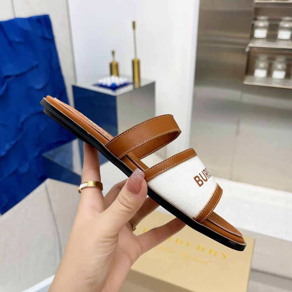 Burberry Women's Brown Logo-appliquéd Leather And Cotton-canvas Slides - EUR FASHION