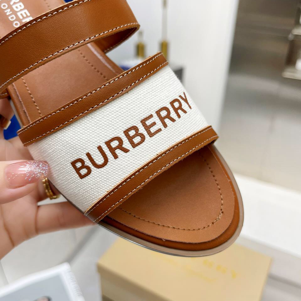 Burberry Women's Brown Logo-appliquéd Leather And Cotton-canvas Slides - EUR FASHION