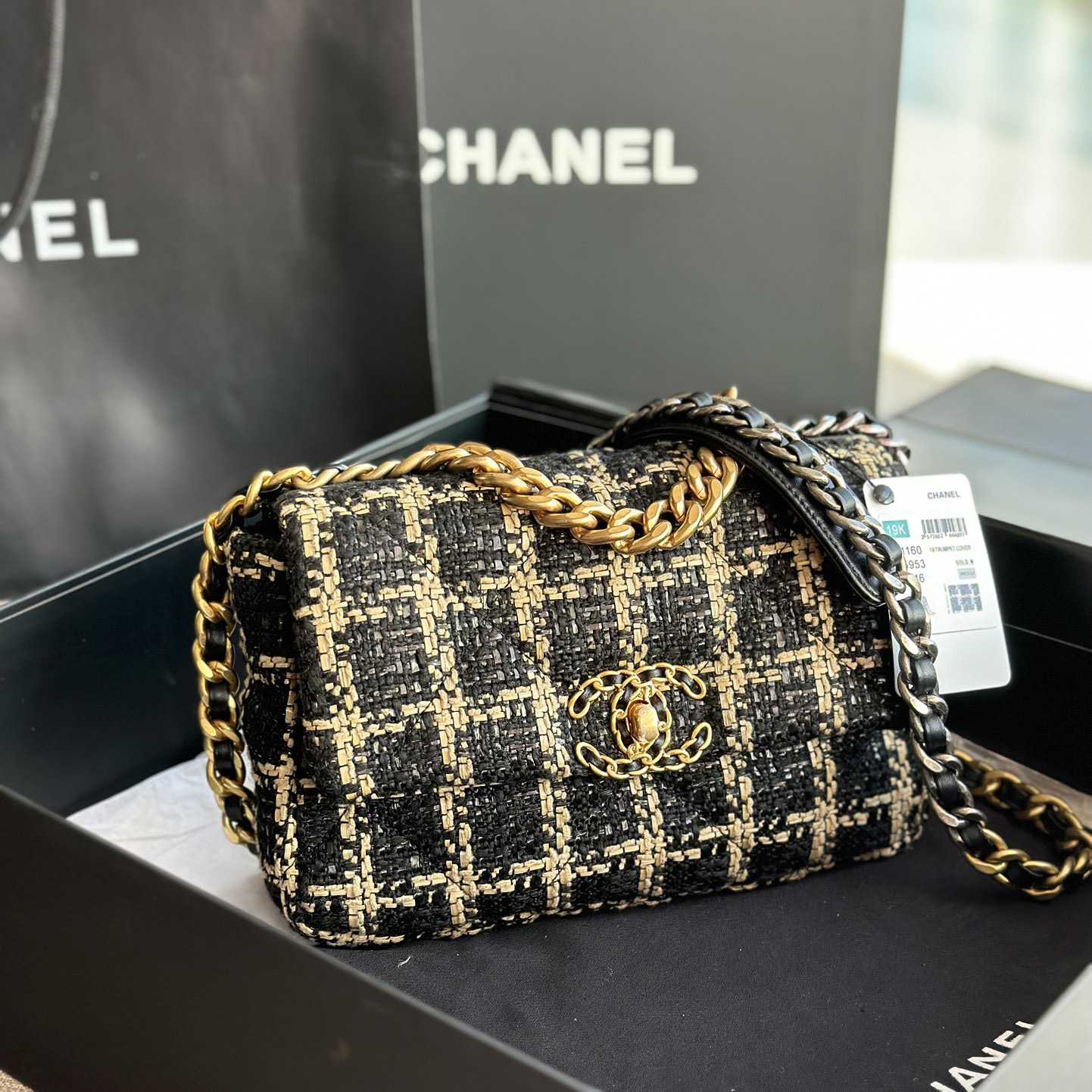 Chanel Black and Gold Tweed Medium 19 Bag Gold Hardware - EUR FASHION