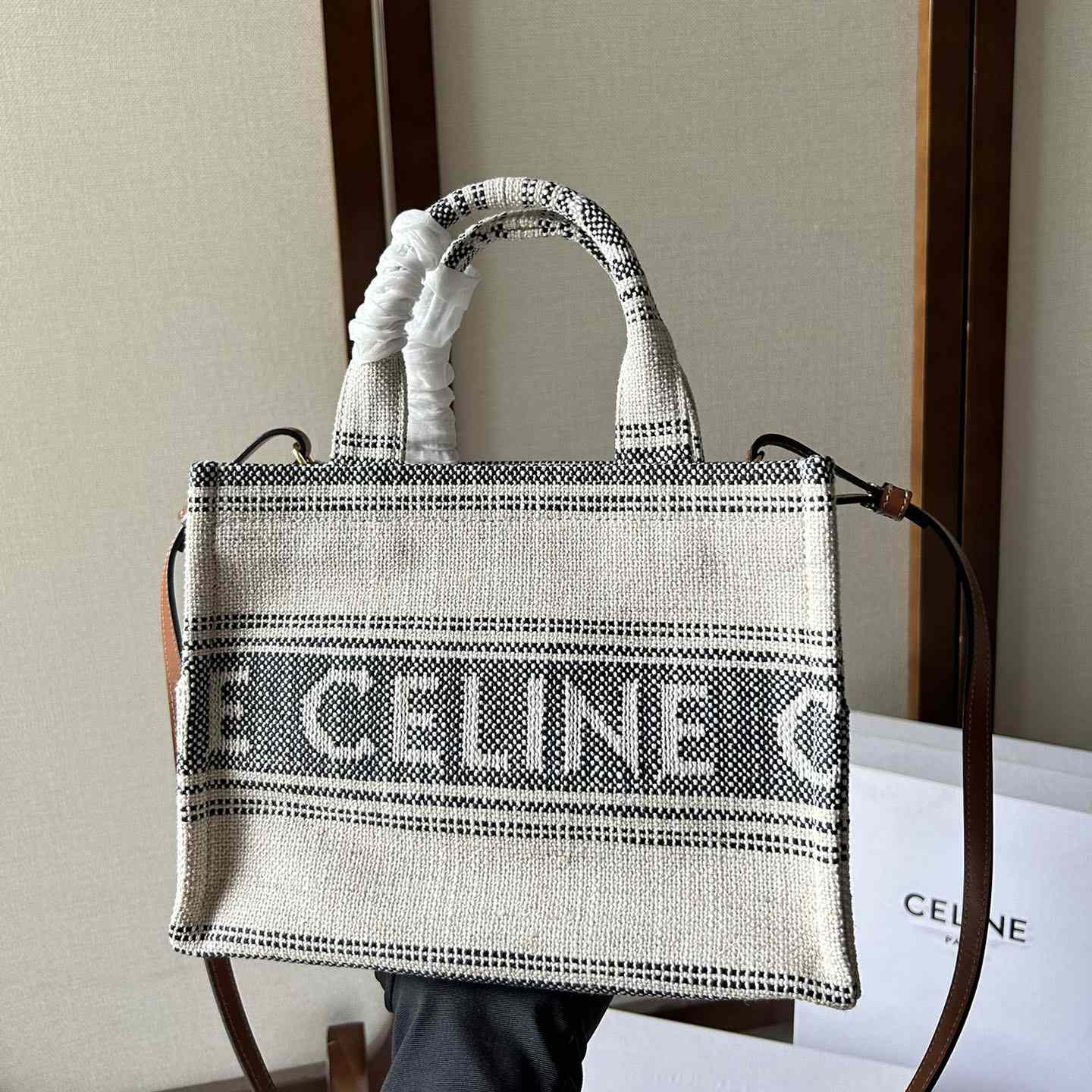 Celine Small Cabas Thais In Striped Textile With Celine jacquard White / Black  - EUR FASHION