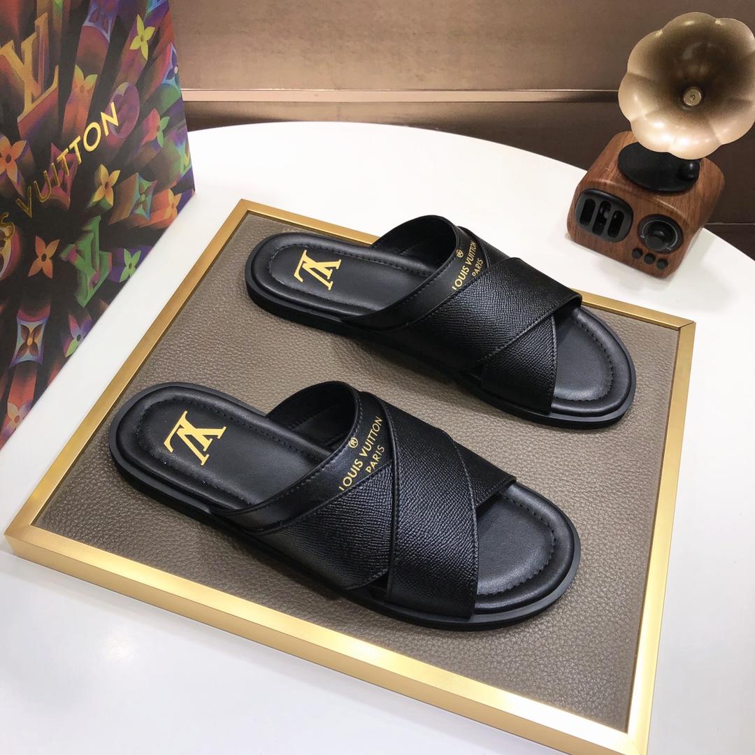 Louis Vuitton Black Leather Foch Cross Strap Flat Slides - EUR FASHION