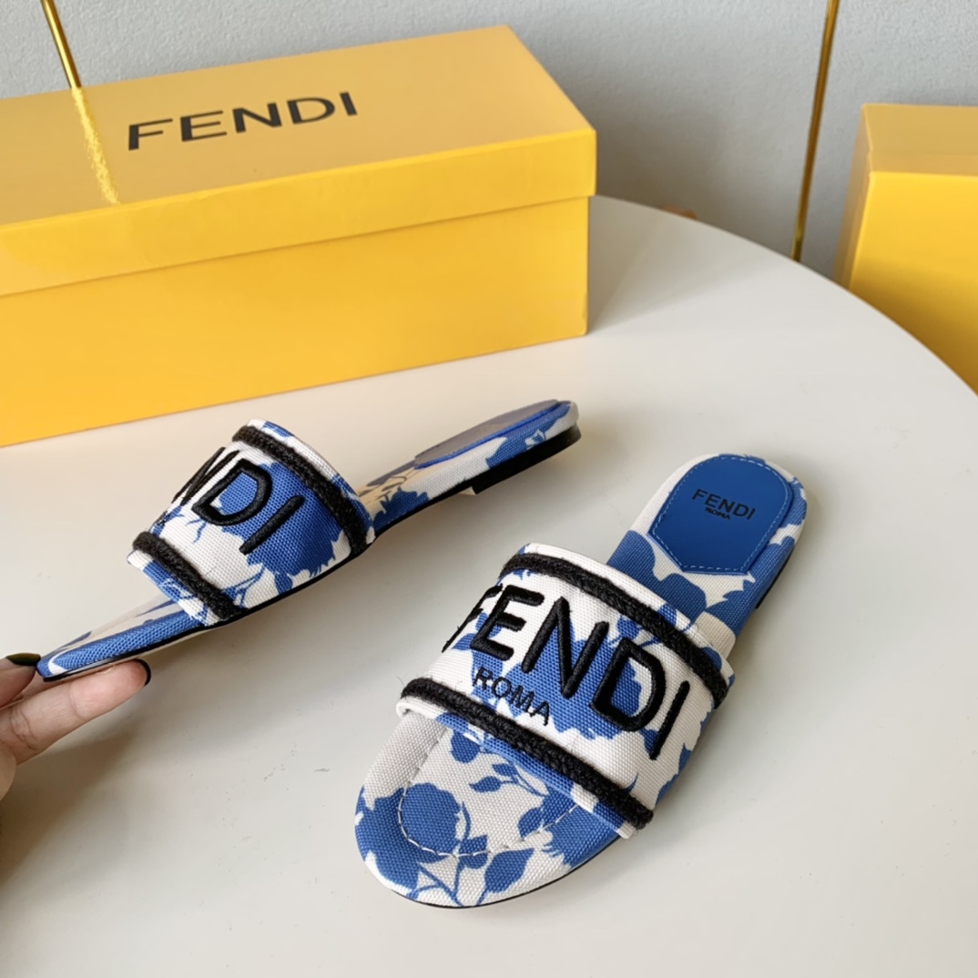 Fendi Signature Blue Canvas Slides - EUR FASHION