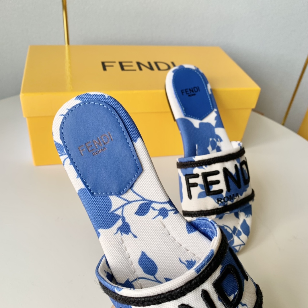 Fendi Signature Blue Canvas Slides - EUR FASHION