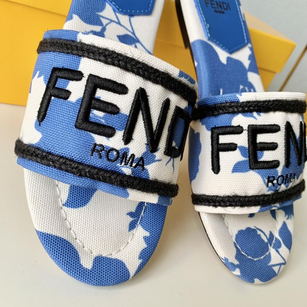 Fendi Signature Blue Canvas Slides - EUR FASHION