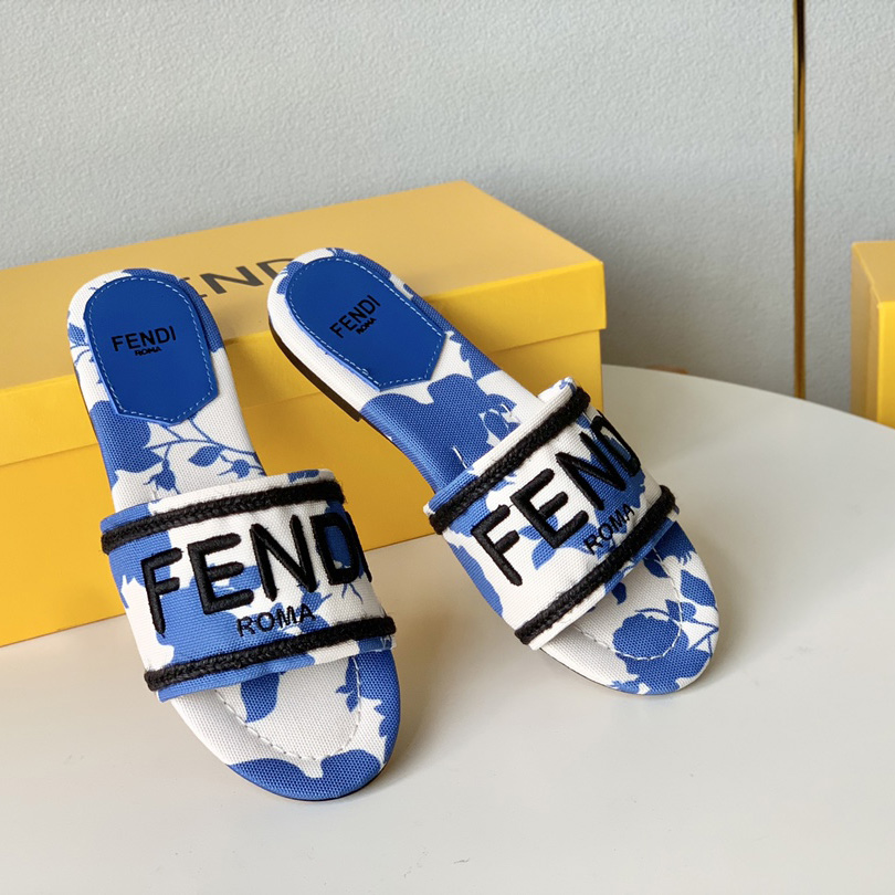 Fendi Signature Blue Canvas Slides - EUR FASHION