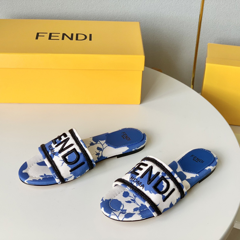 Fendi Signature Blue Canvas Slides - EUR FASHION