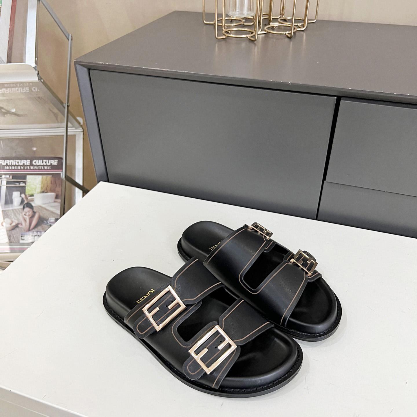 Fendi Feel Black Leather Slides - EUR FASHION