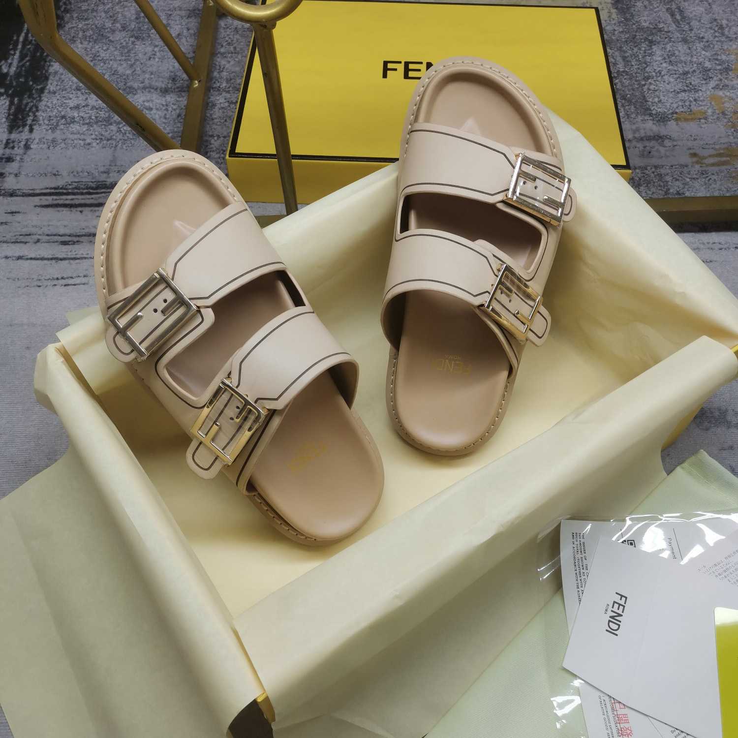 Fendi Feel Beige Leather Slides - EUR FASHION