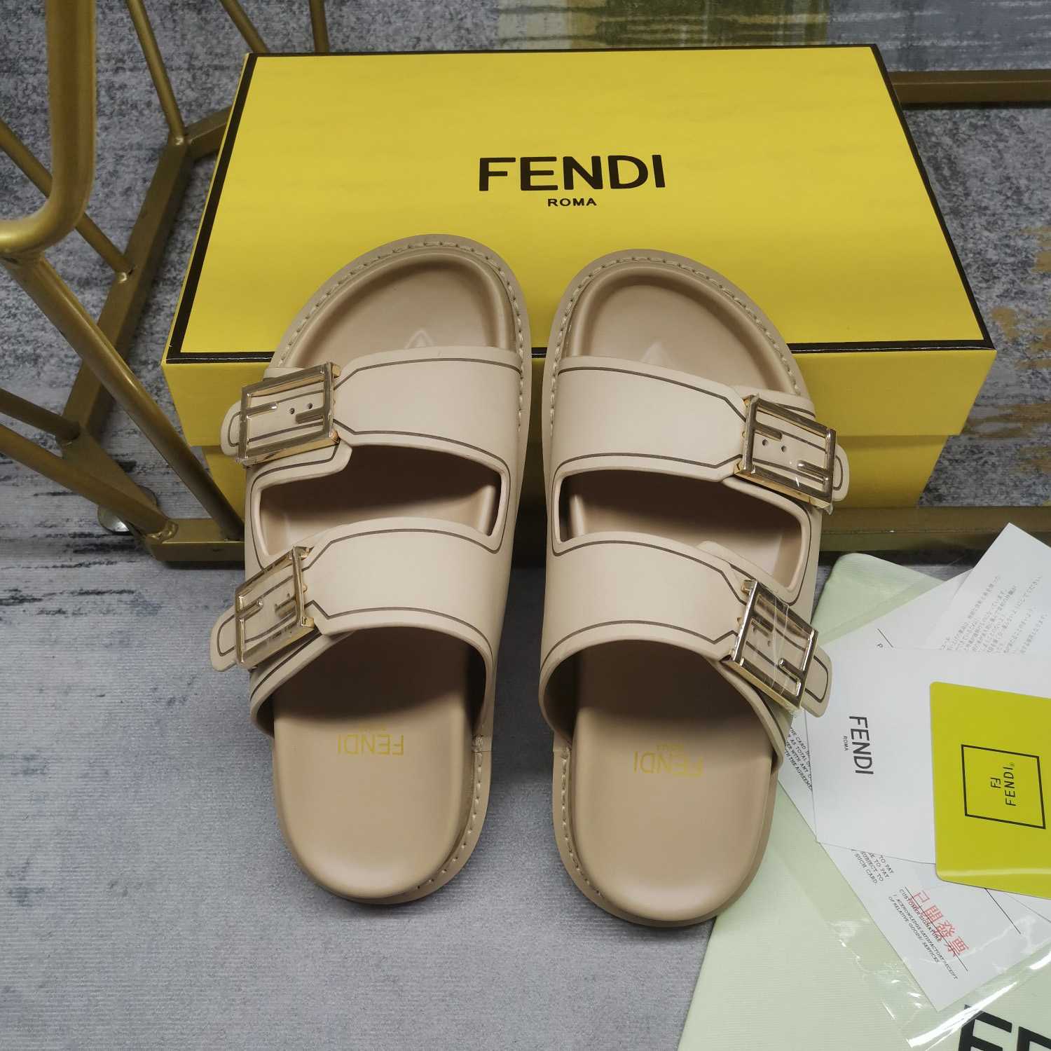 Fendi Feel Beige Leather Slides - EUR FASHION