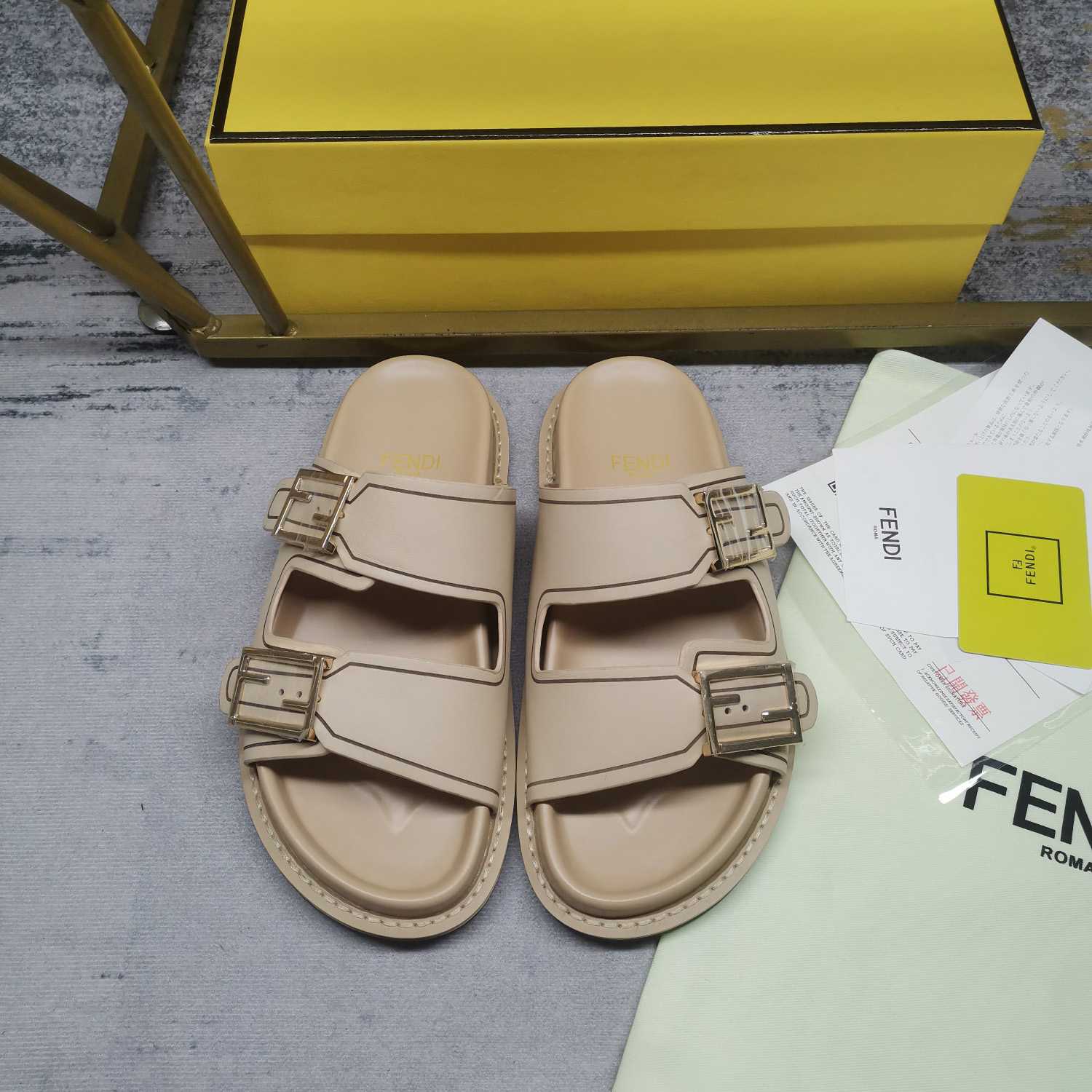 Fendi Feel Beige Leather Slides - EUR FASHION