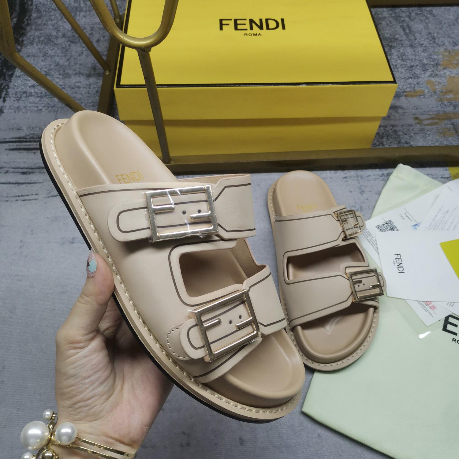 Fendi Feel Beige Leather Slides - EUR FASHION