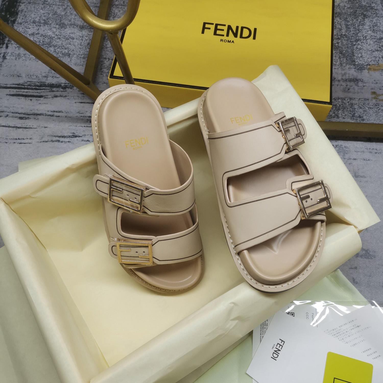 Fendi Feel Beige Leather Slides - EUR FASHION