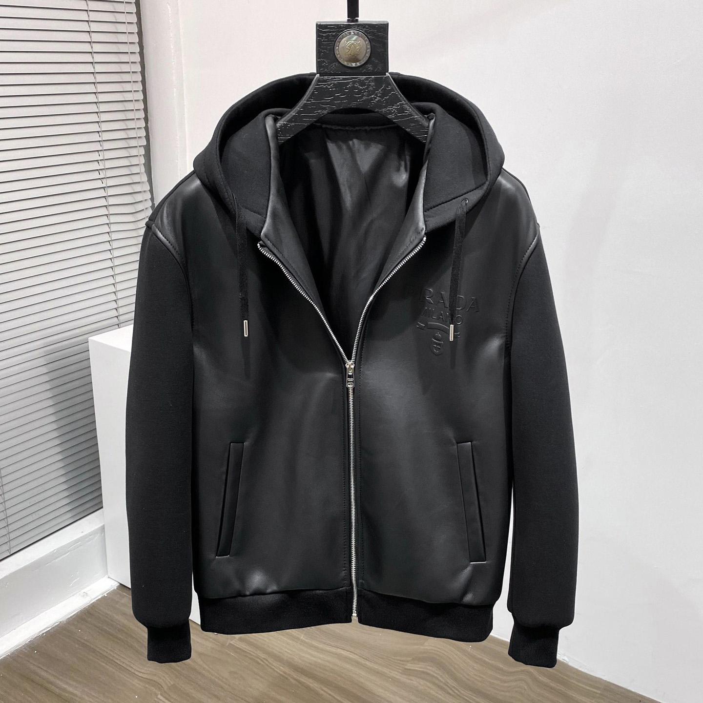 Prada Technical Fleece And Leather Hoodie Jacket - EUR FASHION