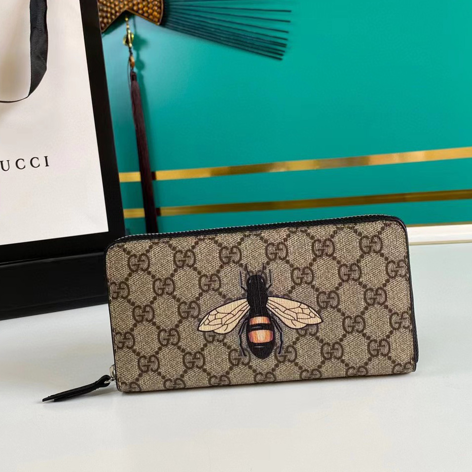 Gucci Bee Print GG Supreme Zip Around Wallet (19*10.5*2.5cm) - EUR FASHION