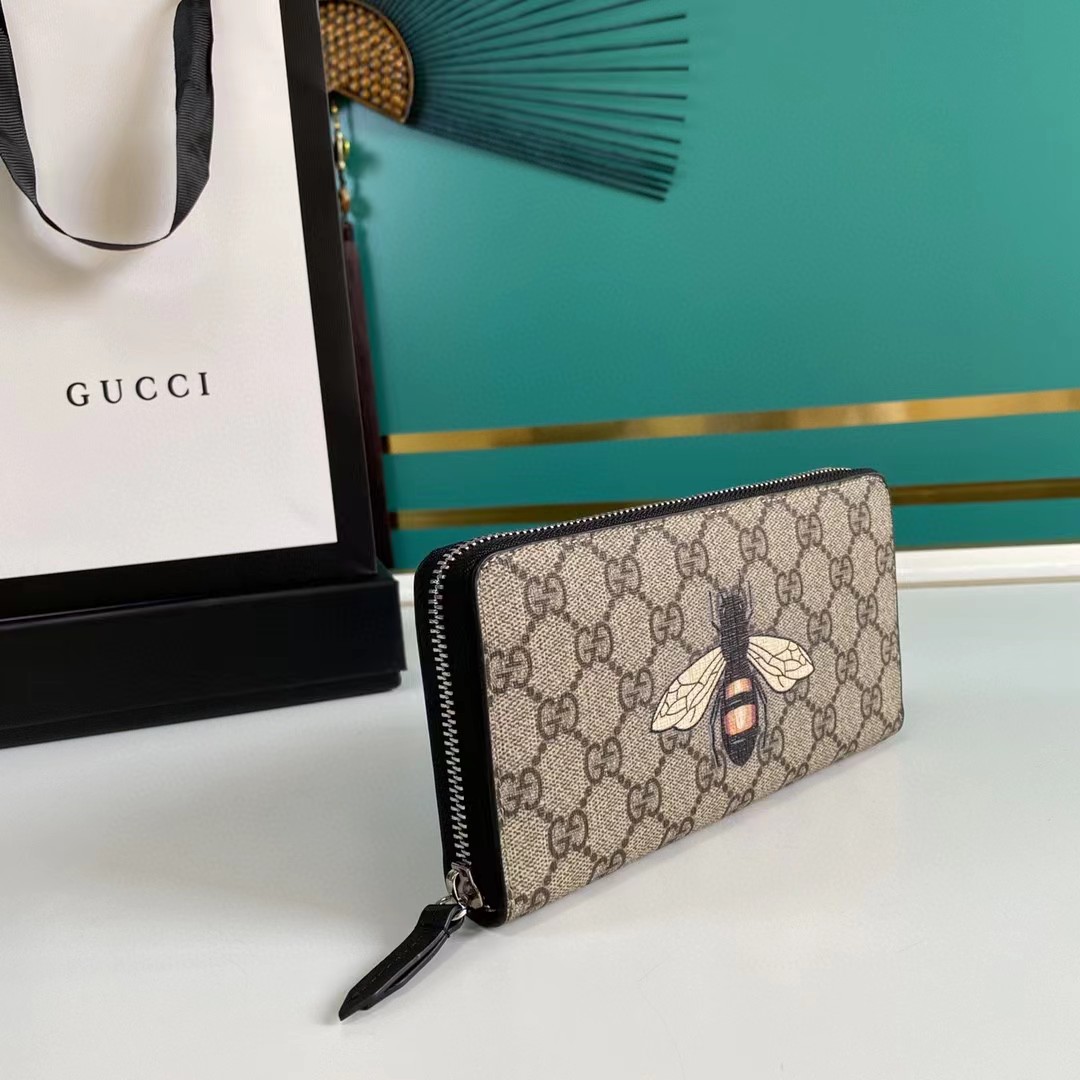 Gucci Bee Print GG Supreme Zip Around Wallet (19*10.5*2.5cm) - EUR FASHION