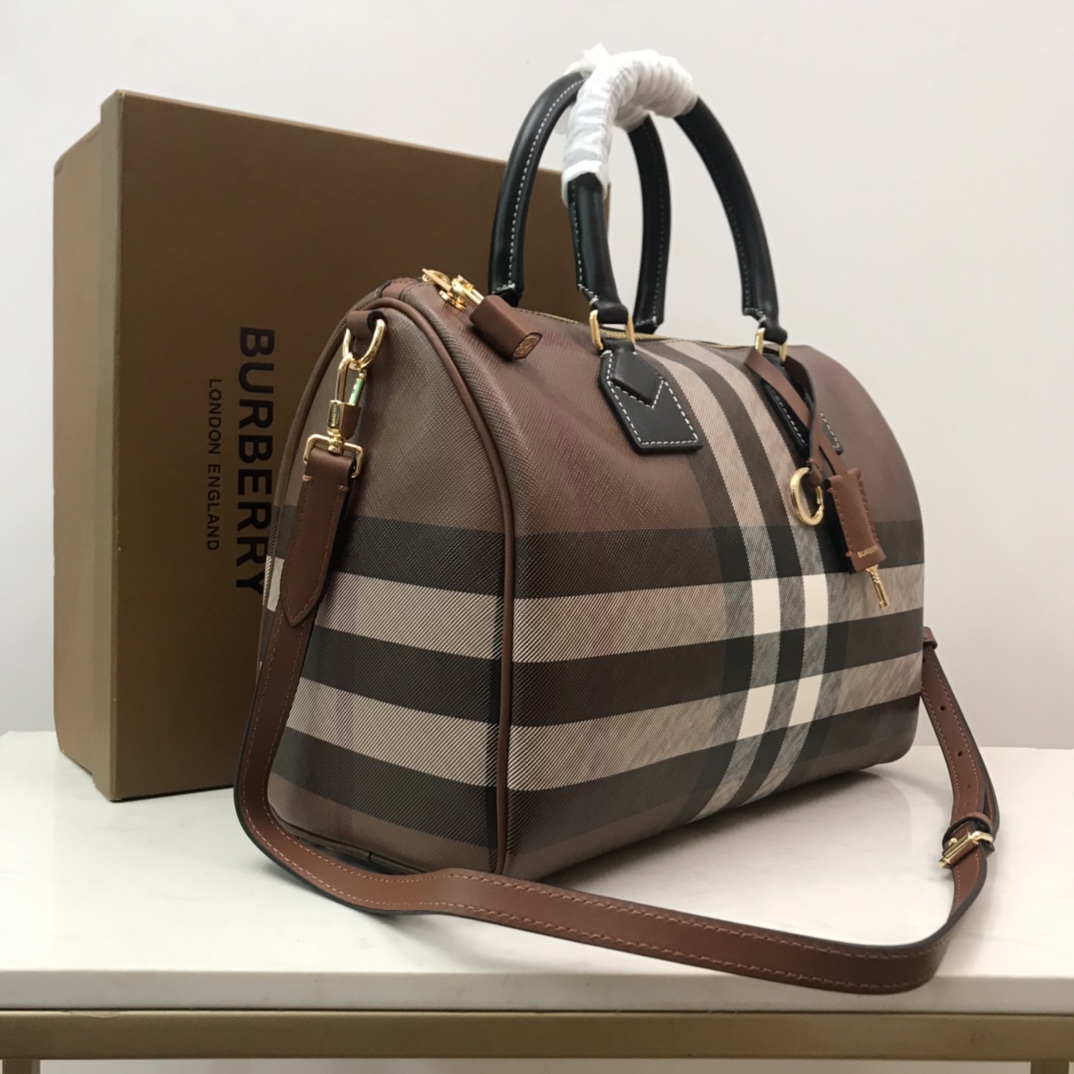 Burberry Medium Check-pattern Leather Bowling Bag (30 x 15 x 21cm) - EUR FASHION