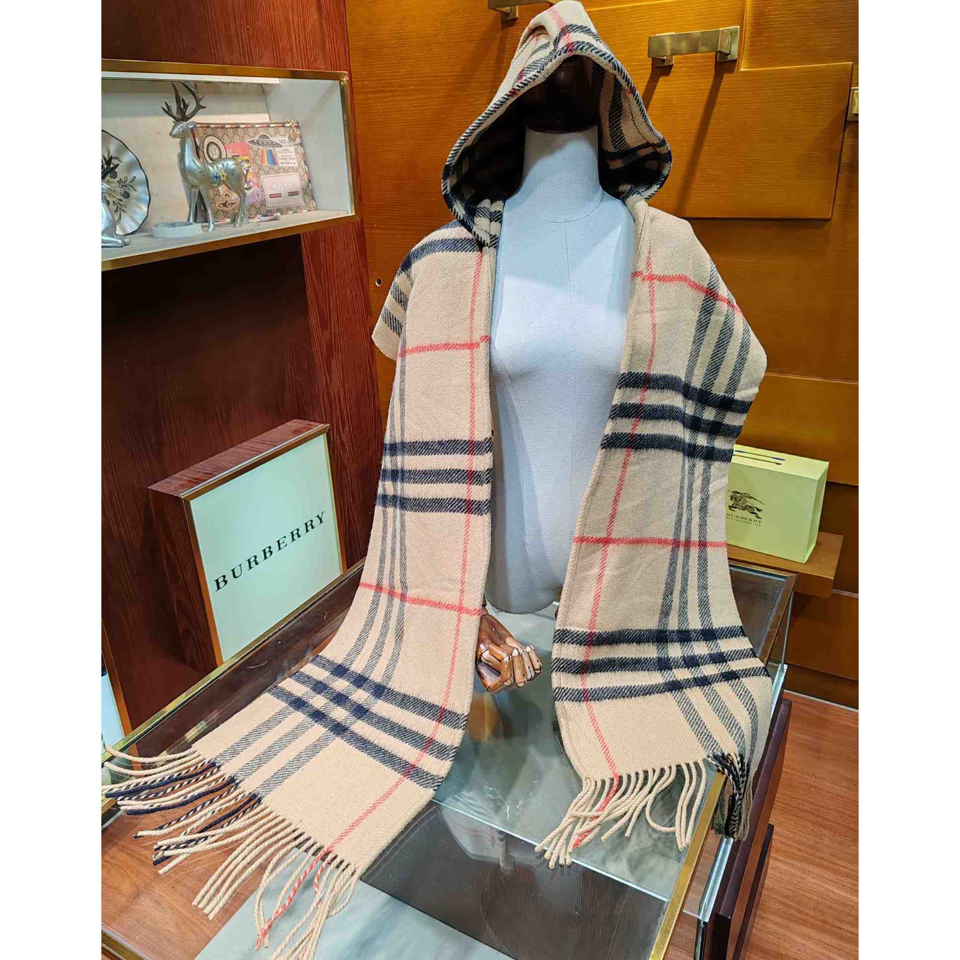 Burberry Check Wool Cashmere Hooded Scarf - EUR FASHION