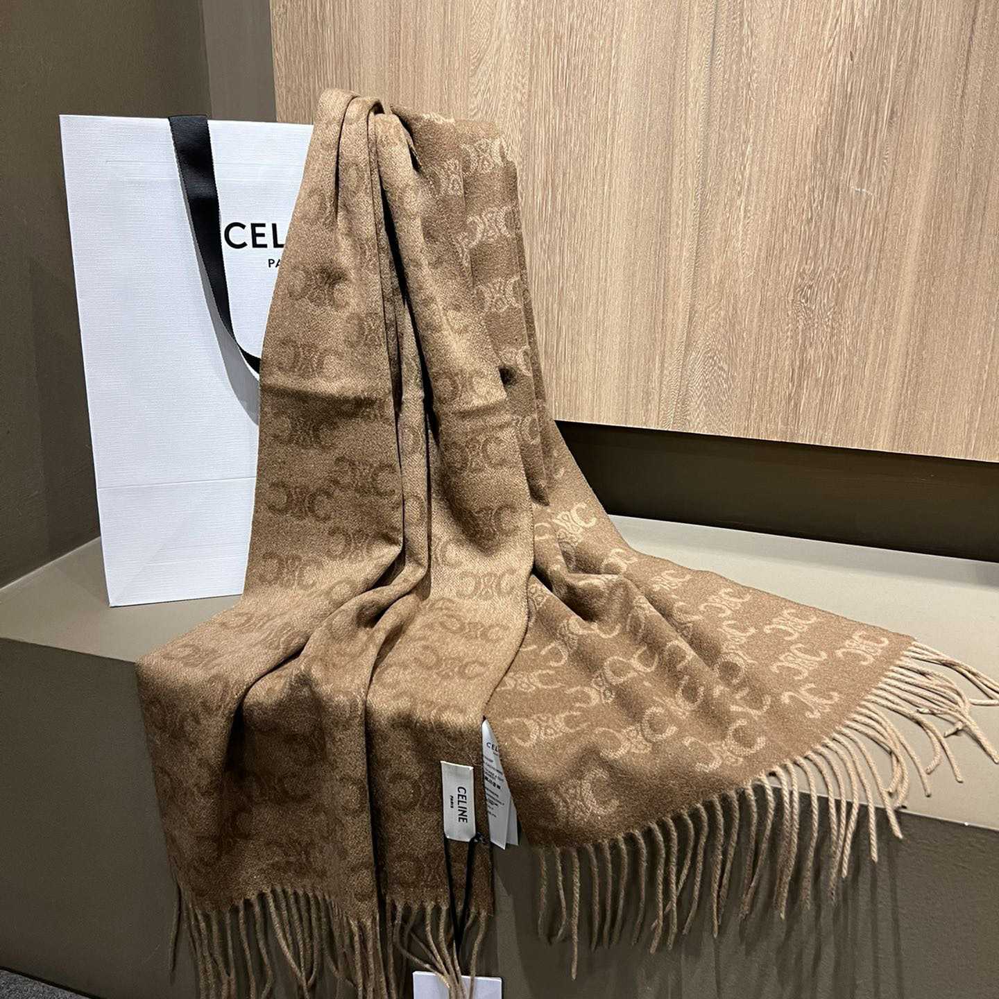 Celine Scarf In Monogram Cashmere Beige/toffee - EUR FASHION