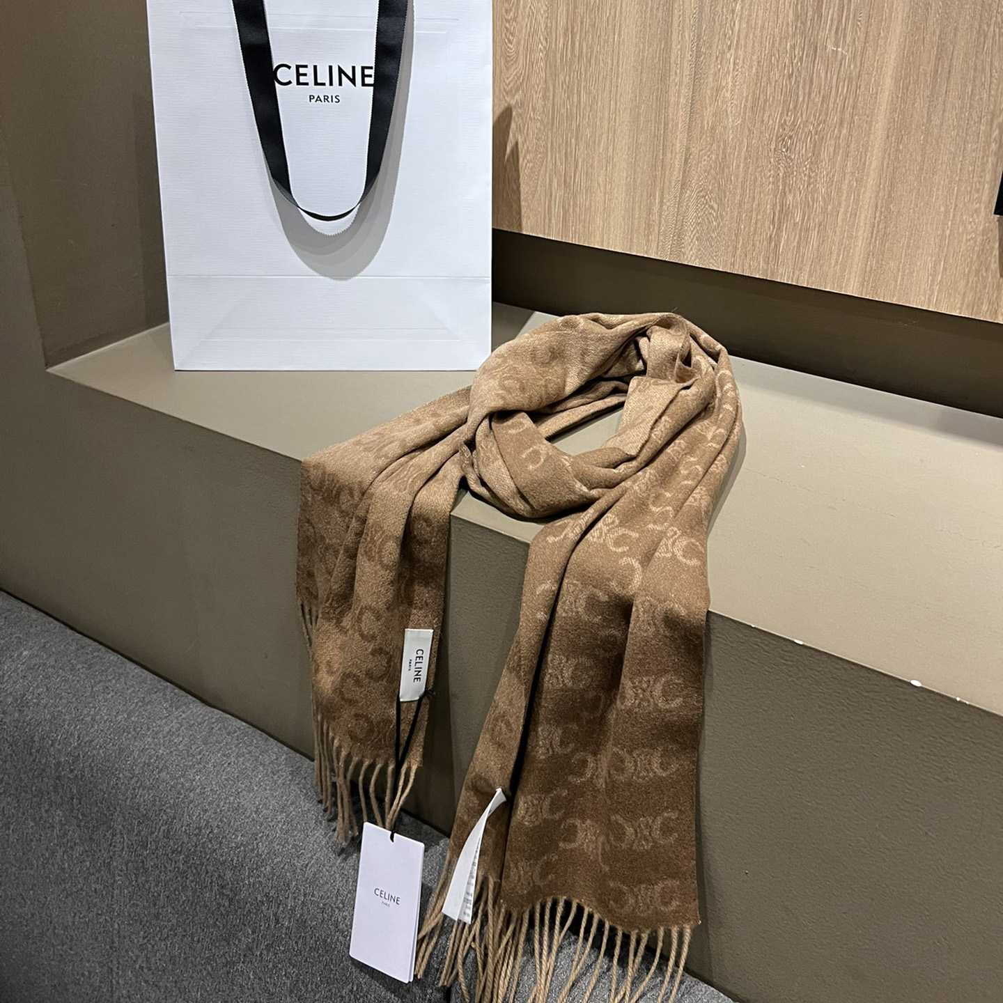 Celine Scarf In Monogram Cashmere Beige/toffee - EUR FASHION