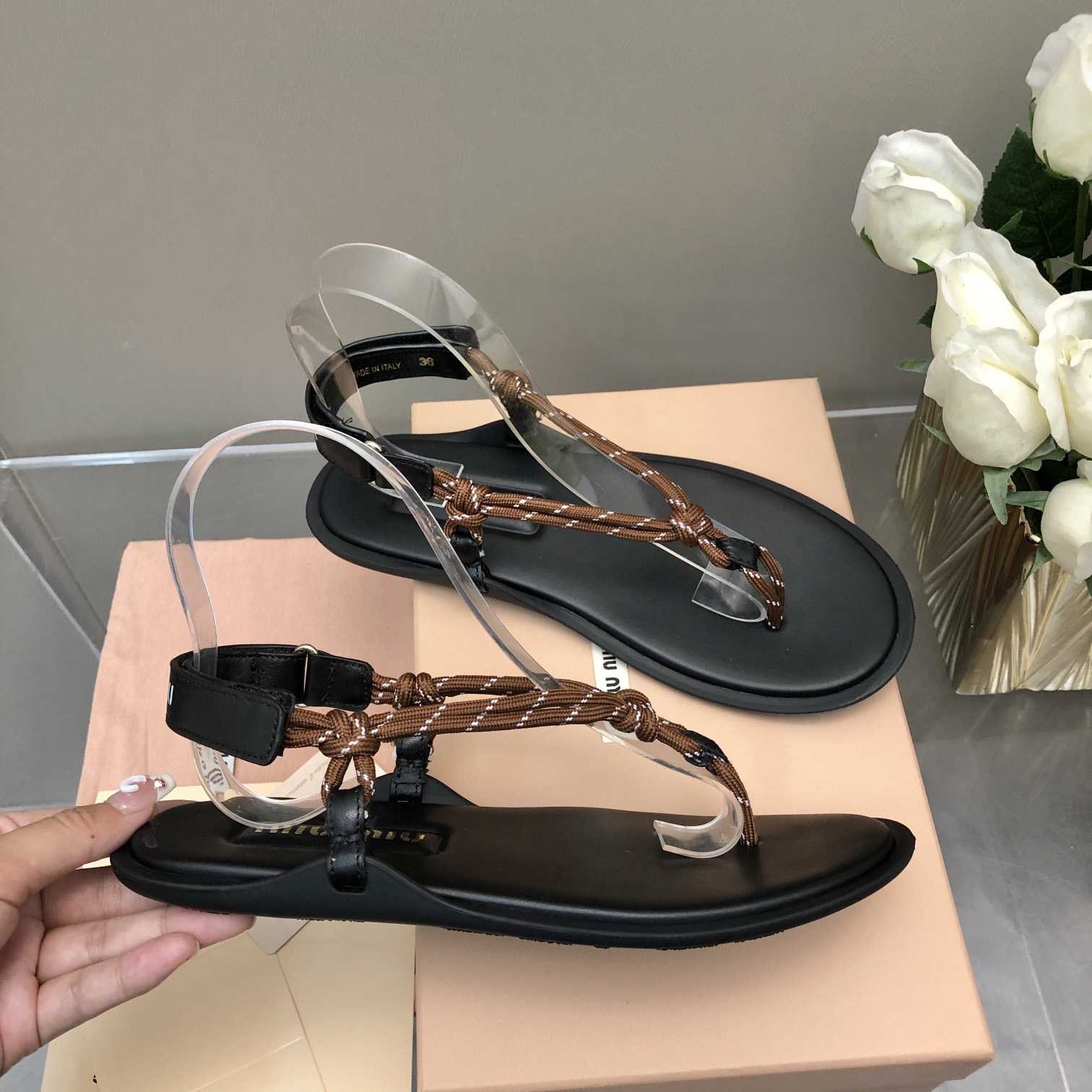 Miu Miu Riviere Cord And Leather Sandals - EUR FASHION