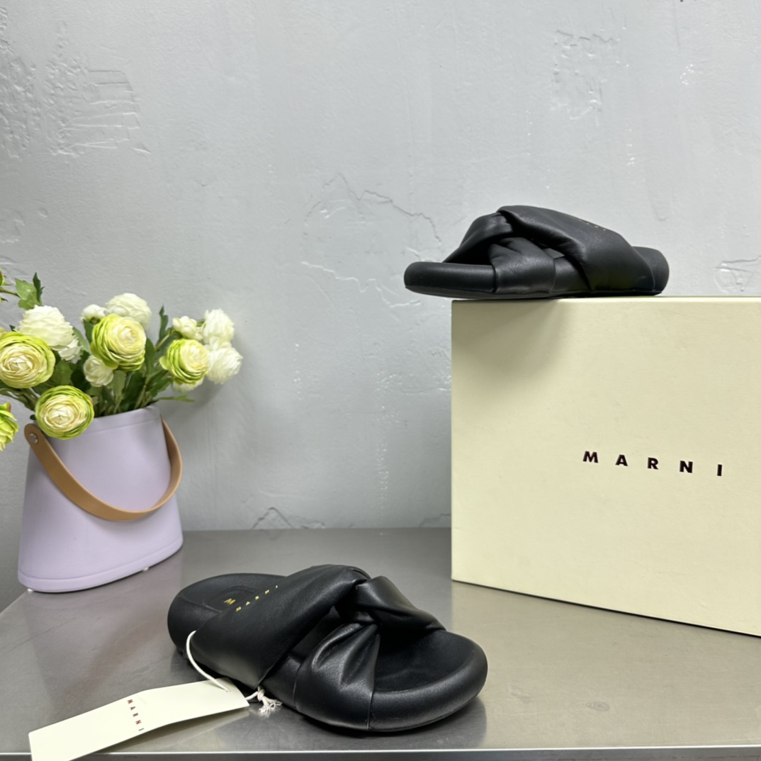 Marni Black Twisted Leather Bubble Sandal - EUR FASHION