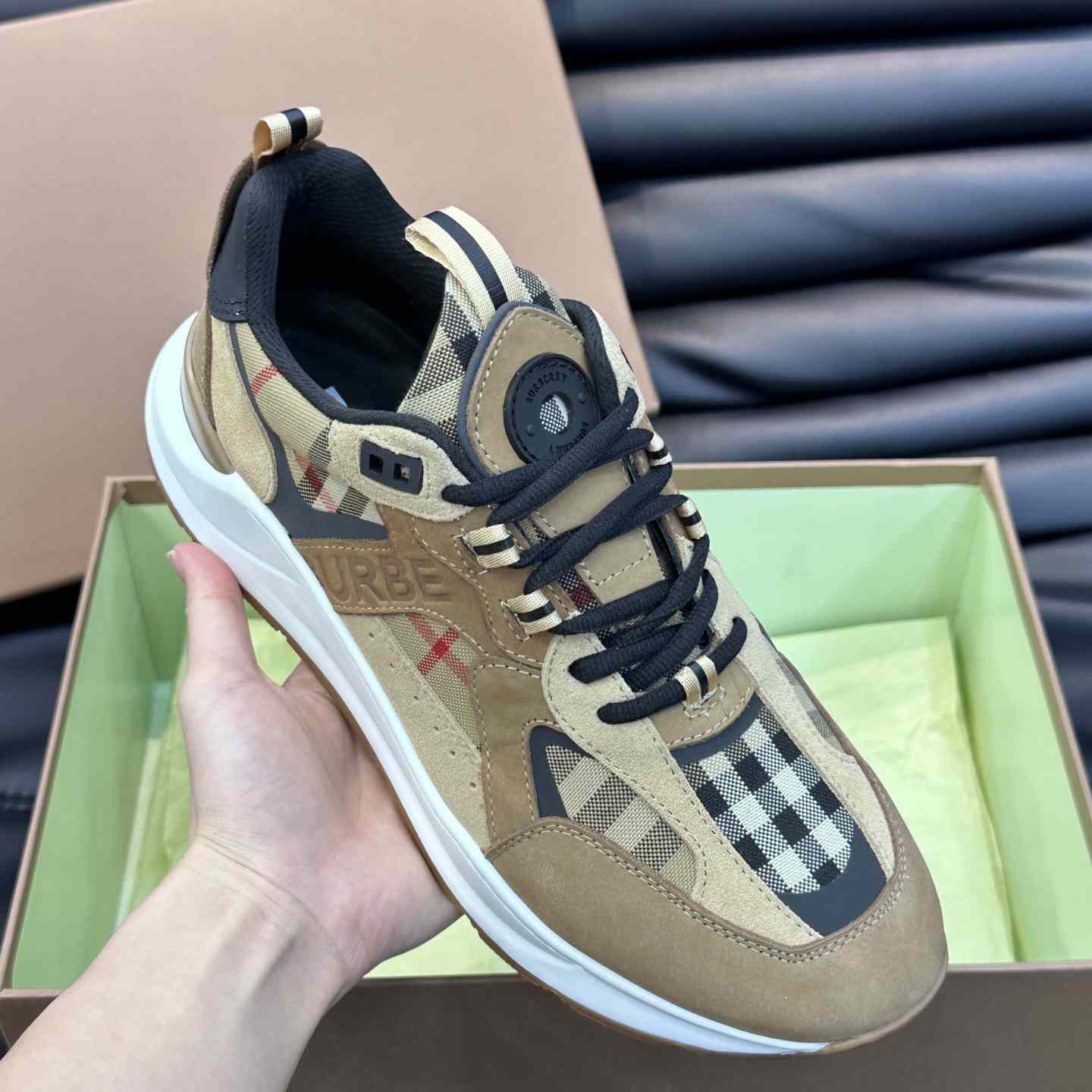 Burberry Beige Leather And Check Print Trainer - EUR FASHION