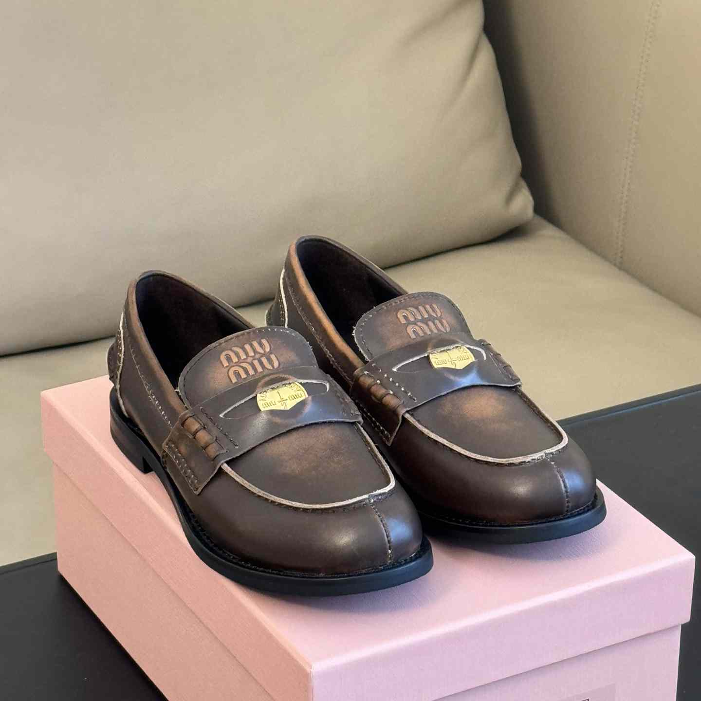 Miu Miu Vintage-effect Leather Penny Loafers - EUR FASHION