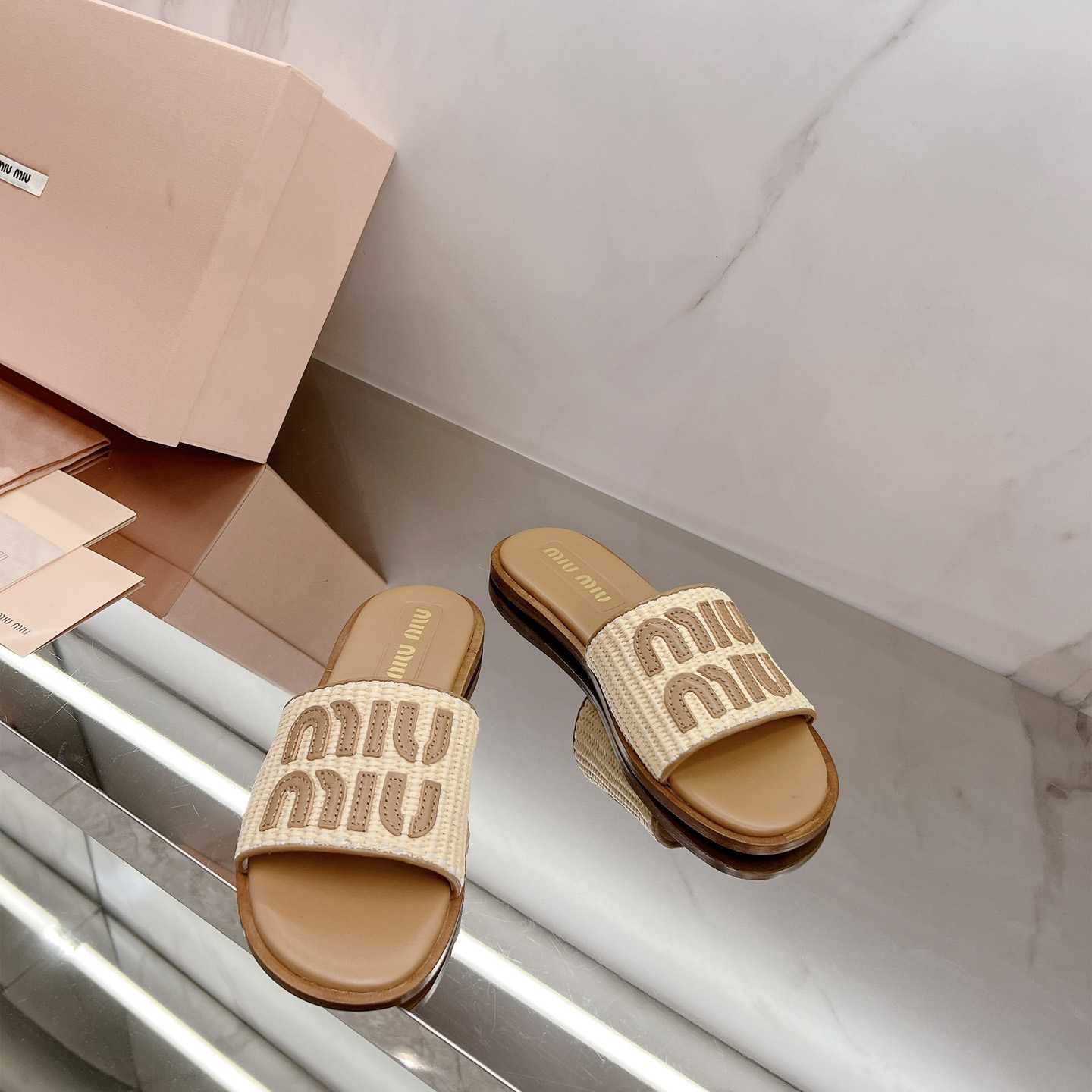 Miu Miu Raffia-effect Woven Fabric Slides - EUR FASHION