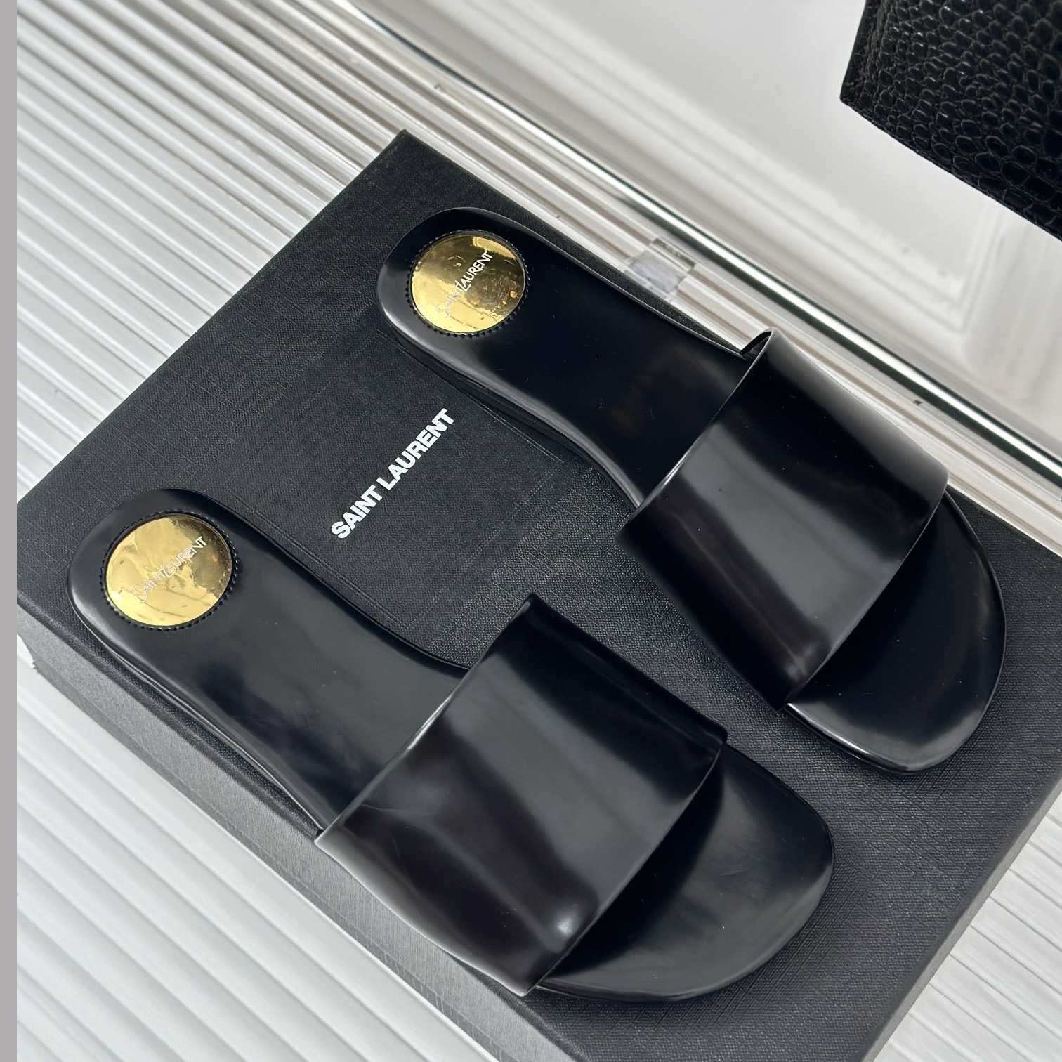 Saint Laurent Carlyle Slides In Glazed Leather - EUR FASHION