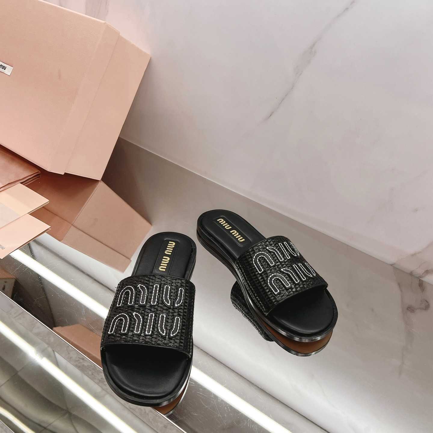 Miu Miu Raffia-effect Woven Fabric Slides - EUR FASHION