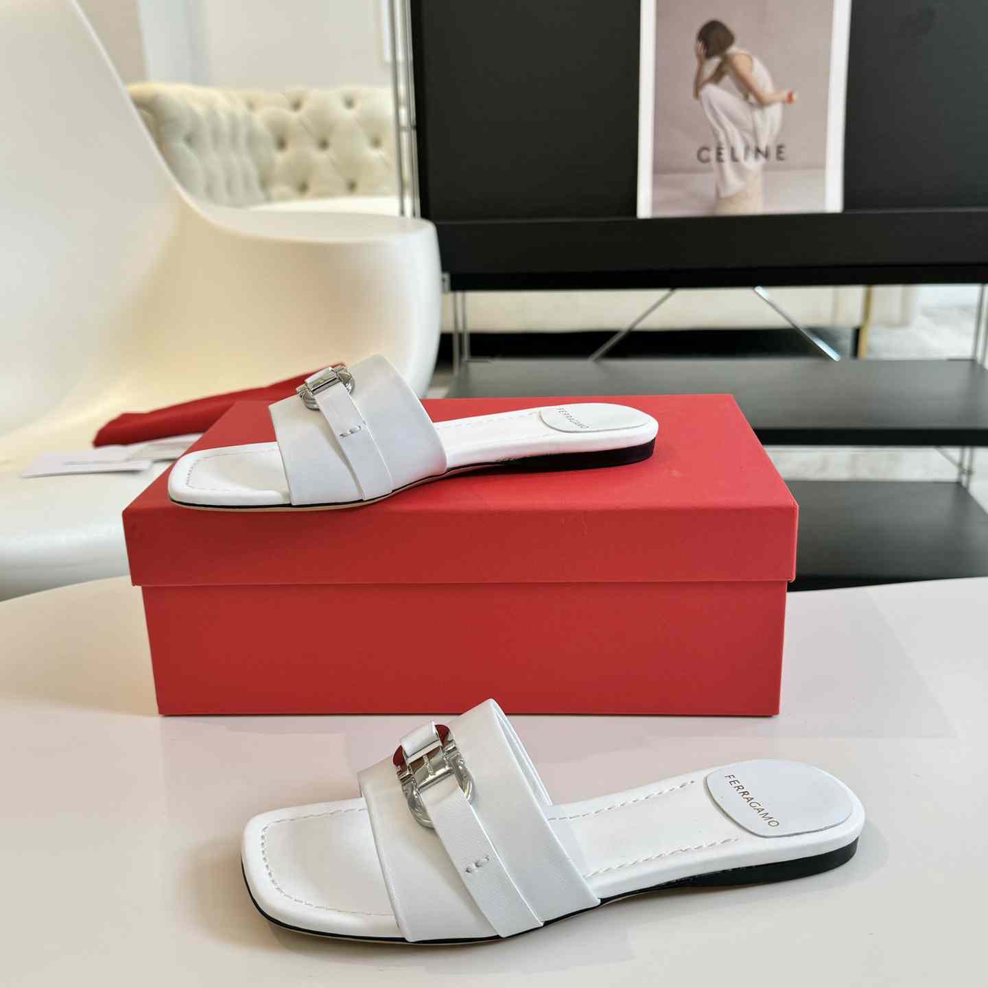 Ferragamo Women's White Flat Slide With Gancini Ornament - EUR FASHION