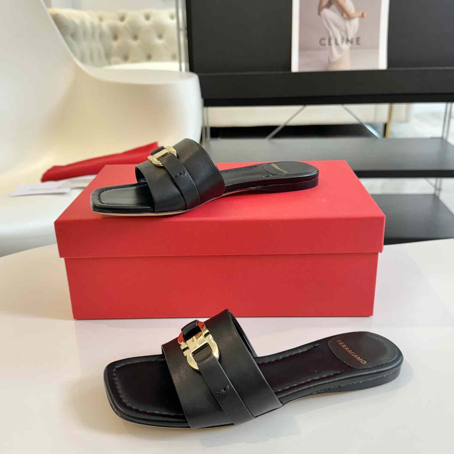 Ferragamo Women's Black Flat Slide With Gancini Ornament - EUR FASHION