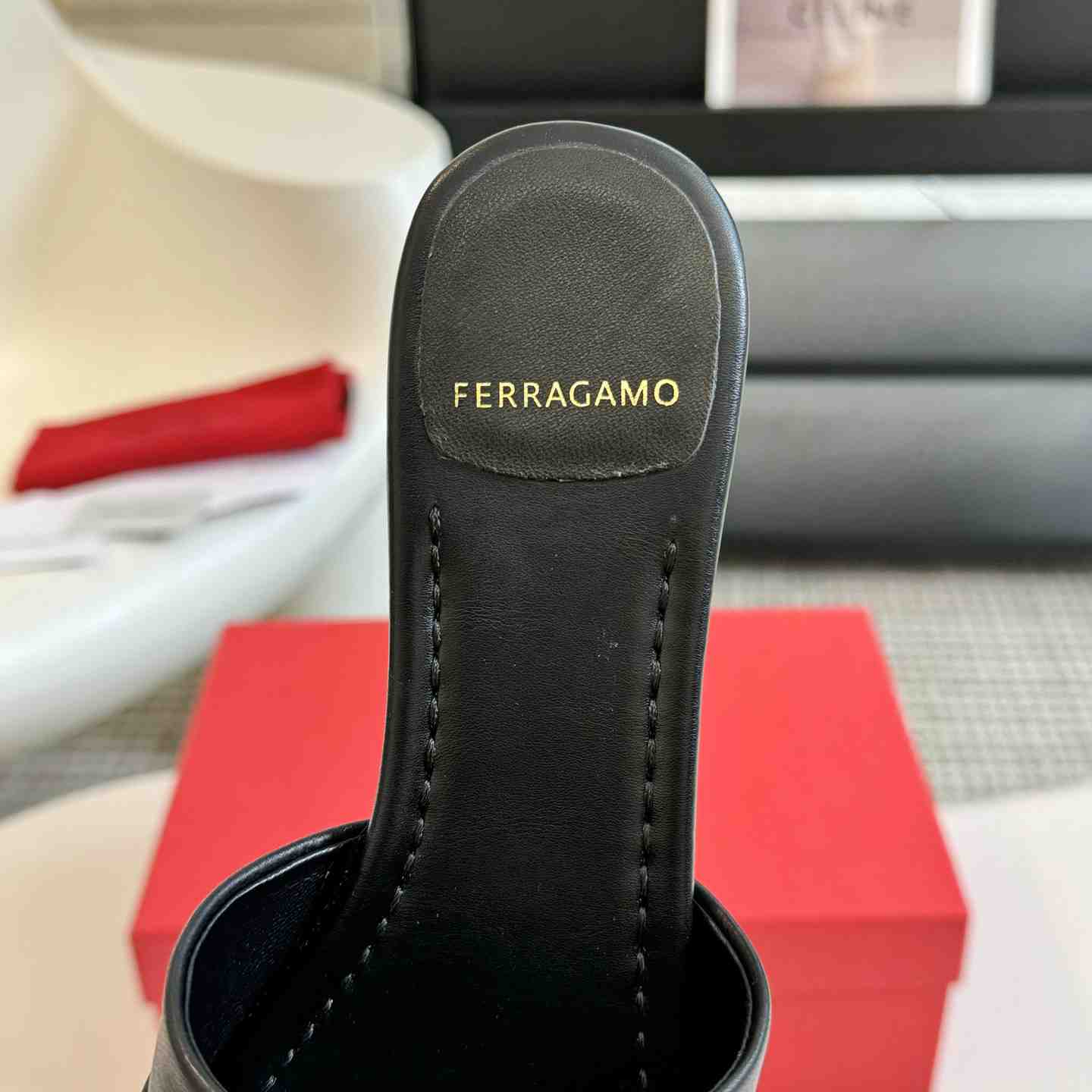 Ferragamo Women's Black Flat Slide With Gancini Ornament - EUR FASHION