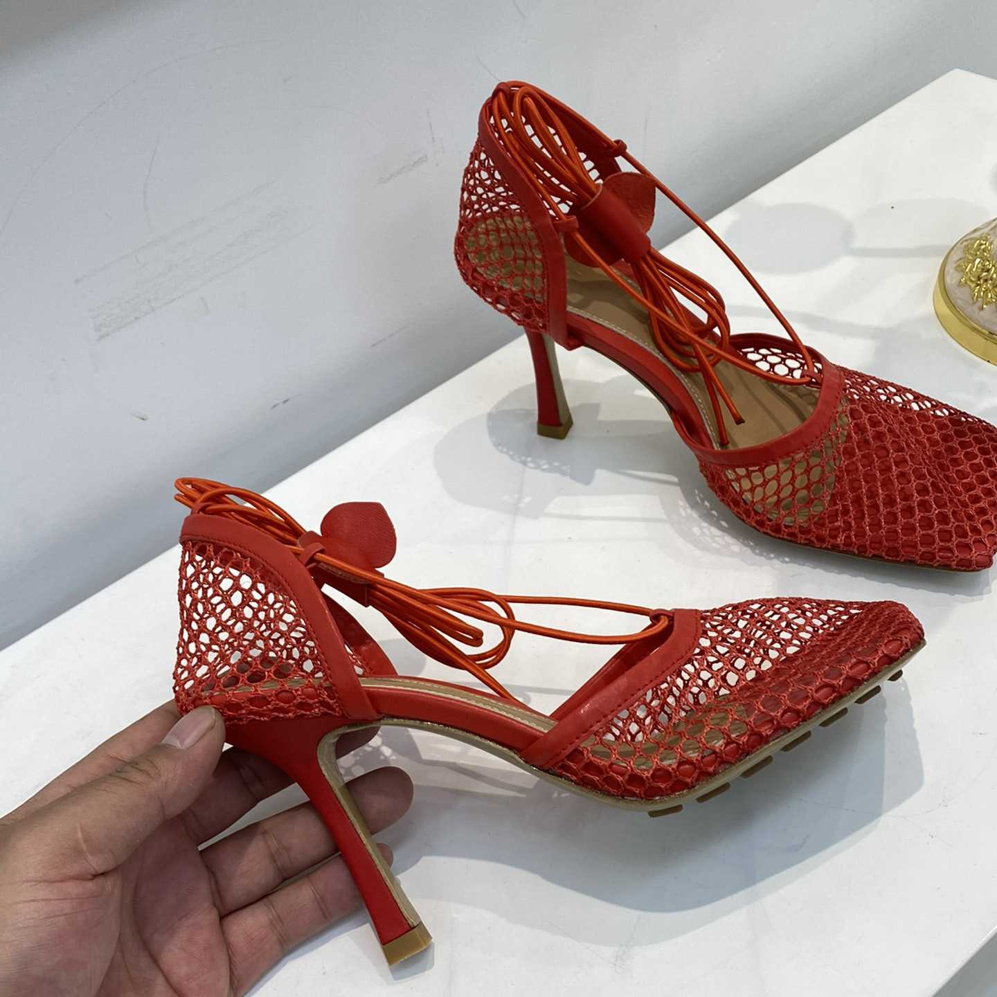 Bottega Veneta Red Mesh Square Toe Ankle Wrap Sandals - EUR FASHION