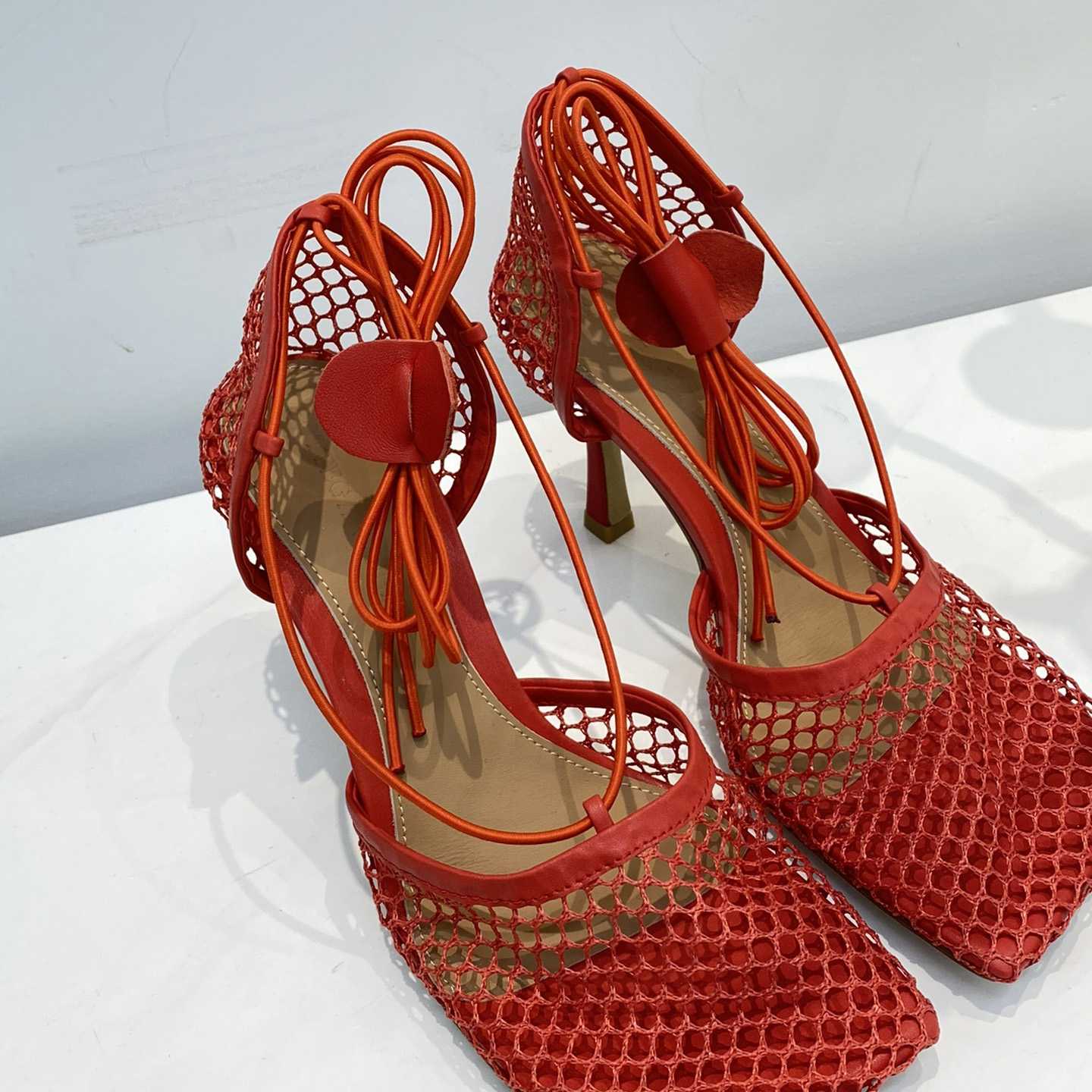 Bottega Veneta Red Mesh Square Toe Ankle Wrap Sandals - EUR FASHION