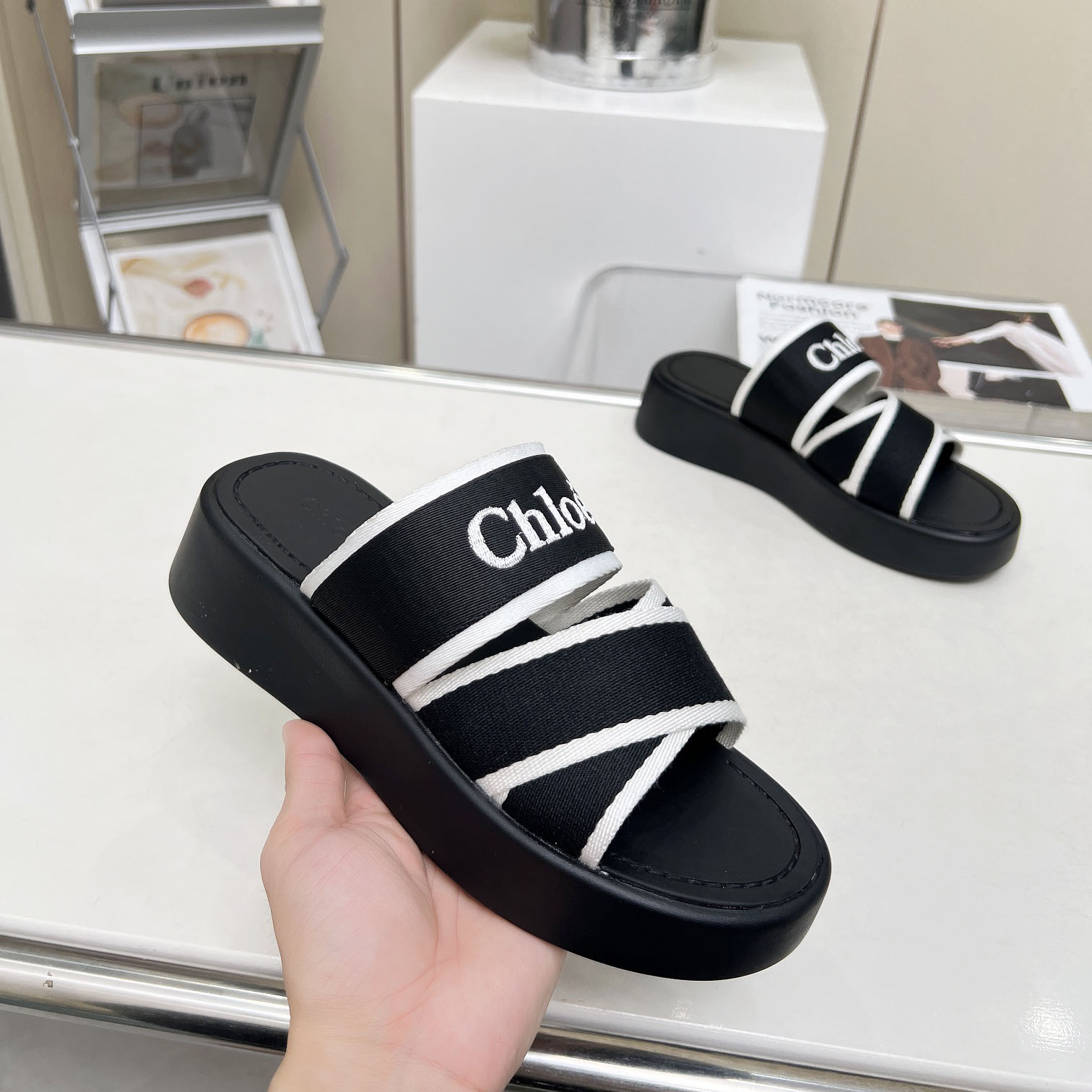 Chloe Women's Black Mila Logo Flatform Slides - EUR FASHION