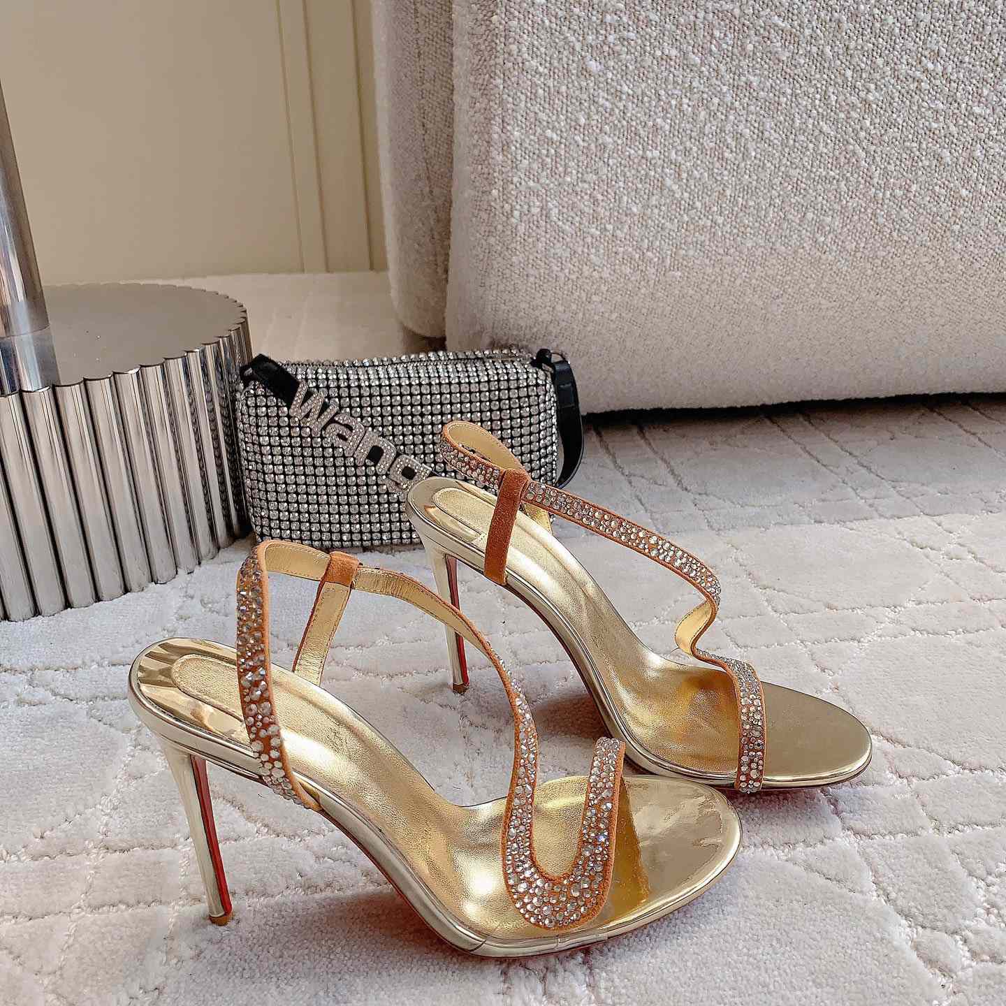 Christian Louboutin Gold Suede Crystal Embellished Rosalie Sandals - EUR FASHION