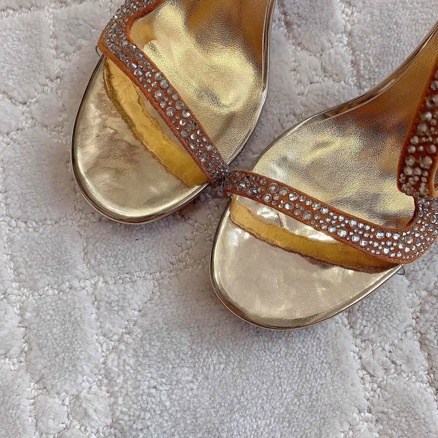 Christian Louboutin Gold Suede Crystal Embellished Rosalie Sandals - EUR FASHION