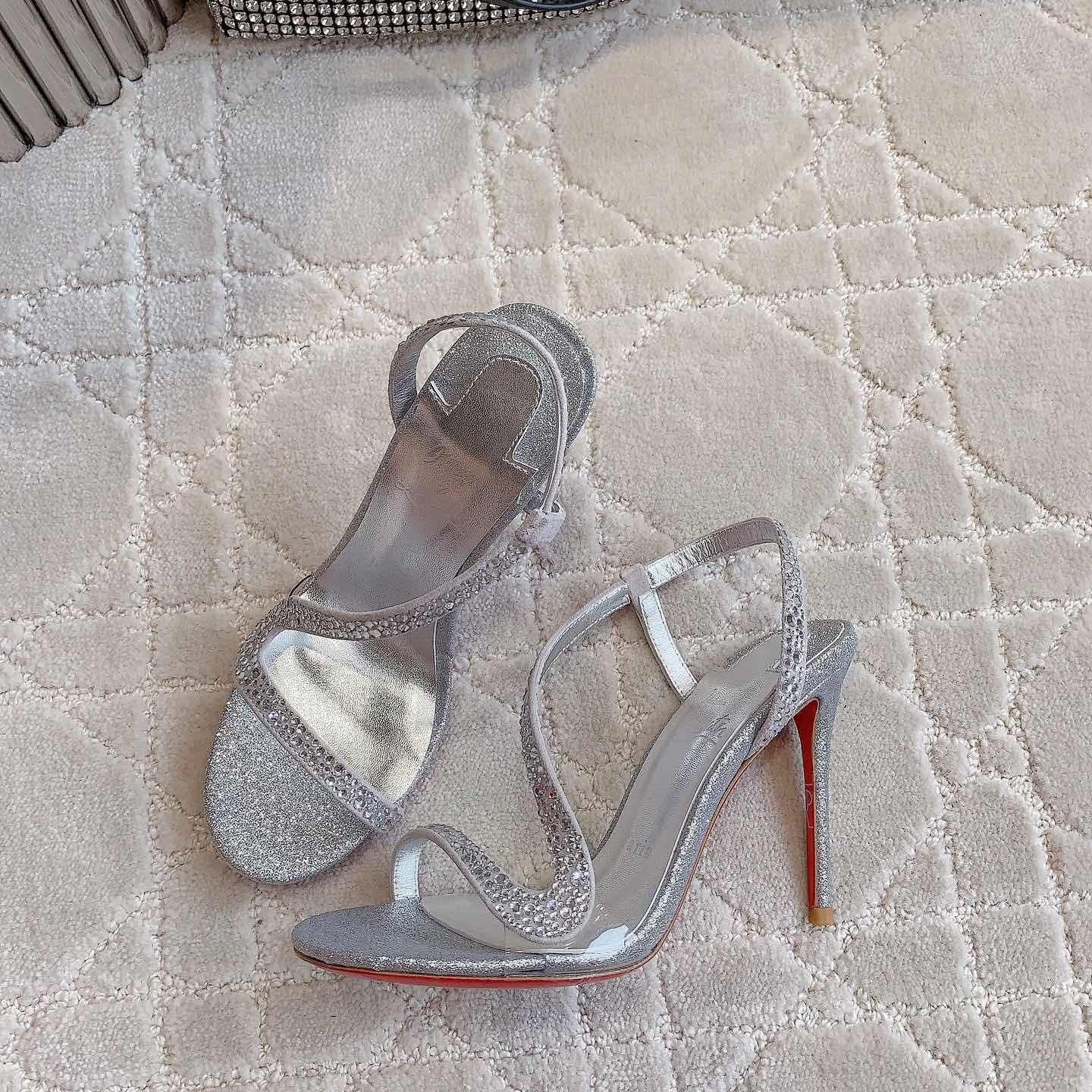 Christian Louboutin Silvery Suede Crystal Embellished Rosalie Sandals - EUR FASHION