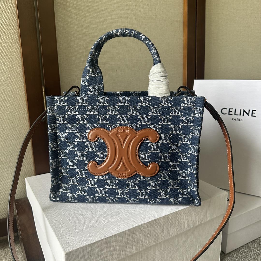 Celine Small Cabas Thais In Denim With Triomphe All-over And Calfskin Denim / Silver - EUR FASHION