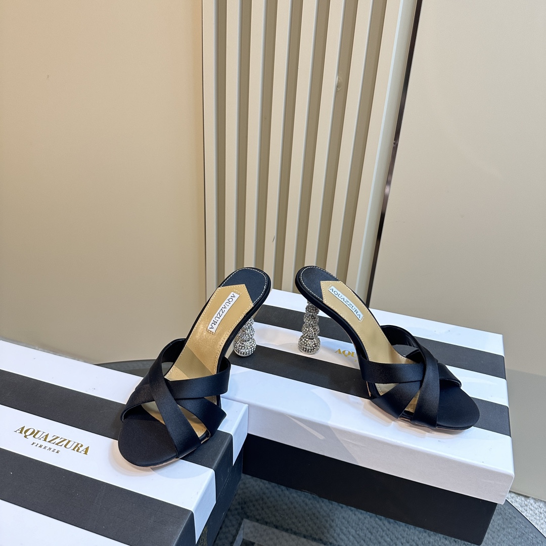 Aquazzura Black 105mm Yes Baby Satin Mules - EUR FASHION