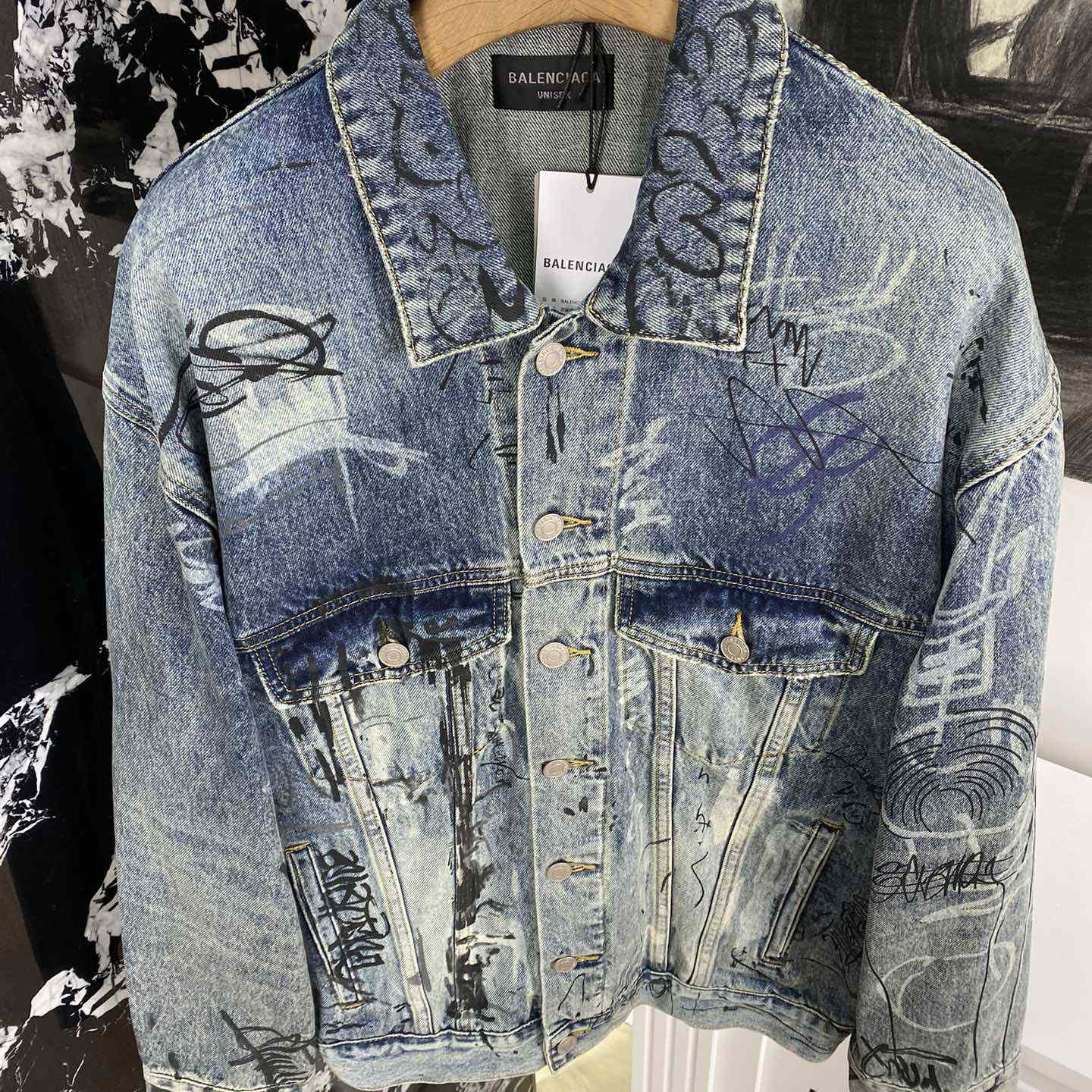 Balenciaga Blue Graffiti Denim Jacket Coat - EUR FASHION