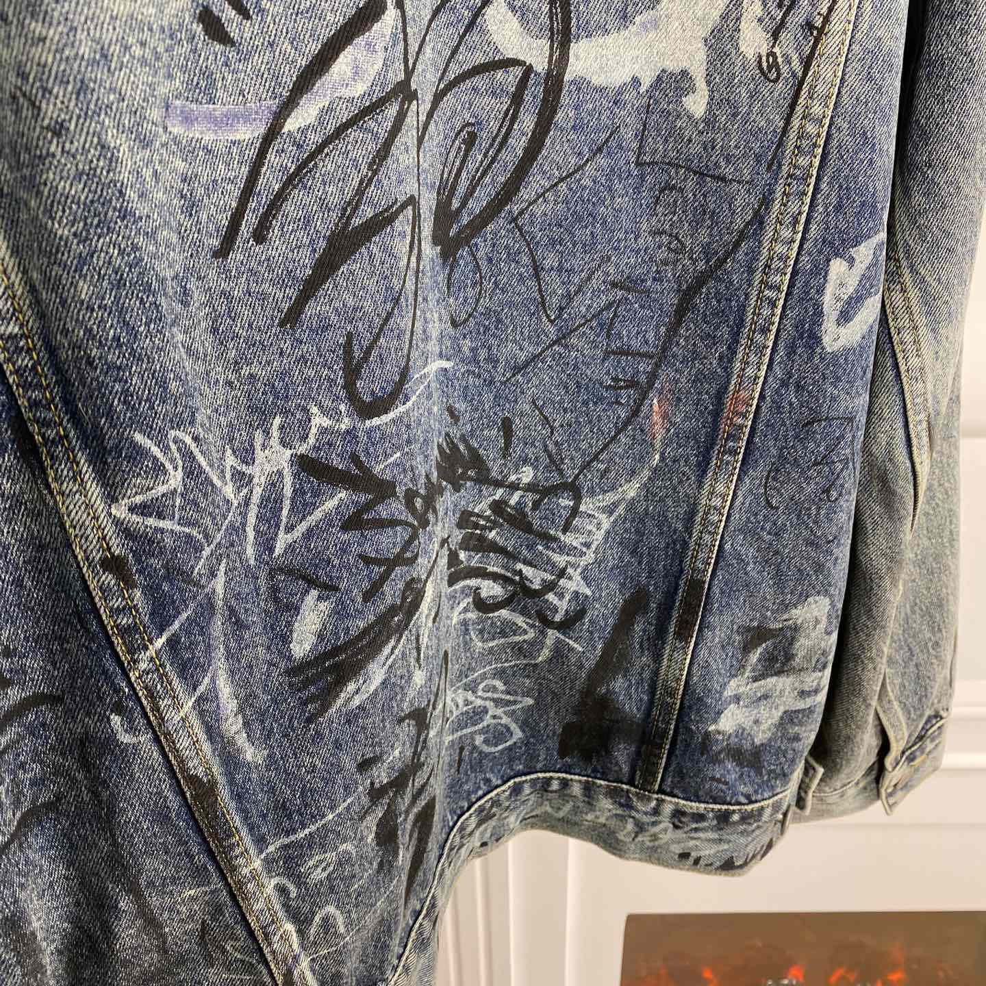 Balenciaga Blue Graffiti Denim Jacket Coat - EUR FASHION