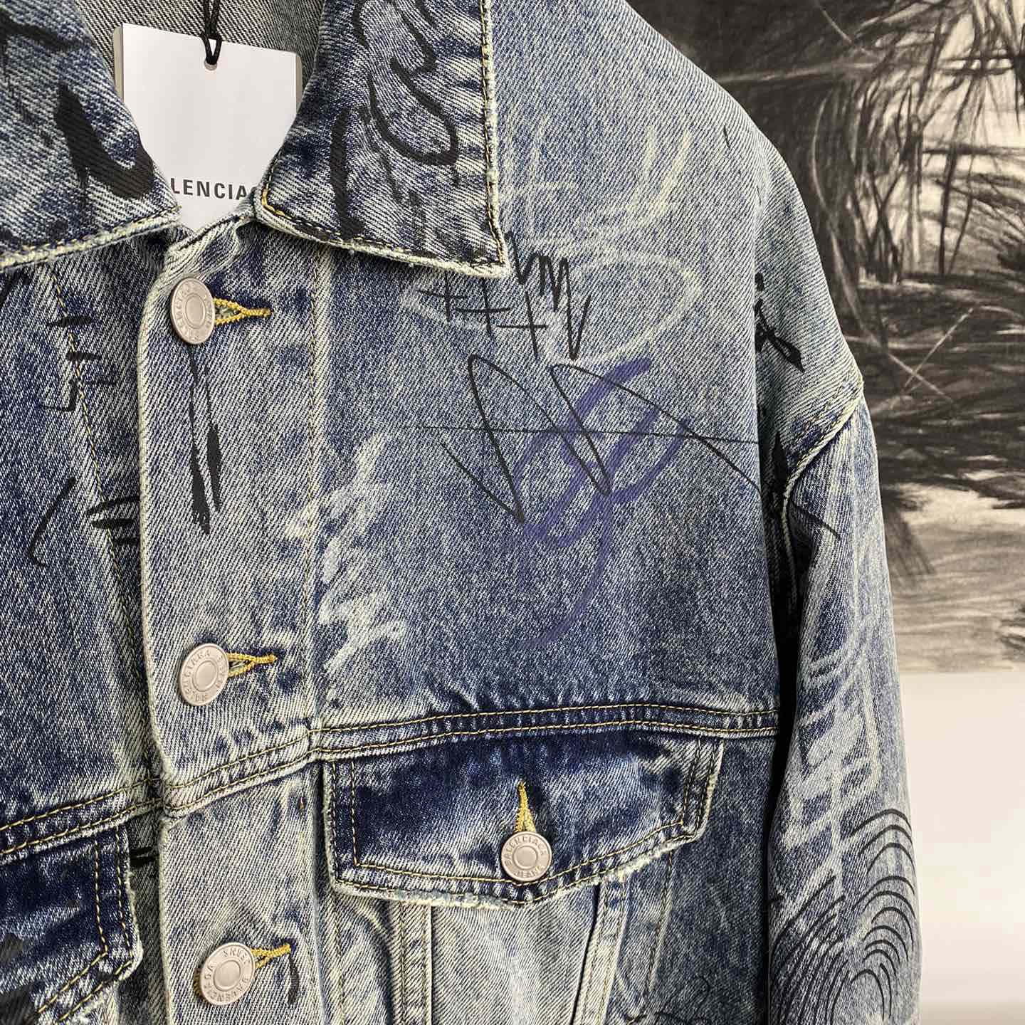 Balenciaga Blue Graffiti Denim Jacket Coat - EUR FASHION