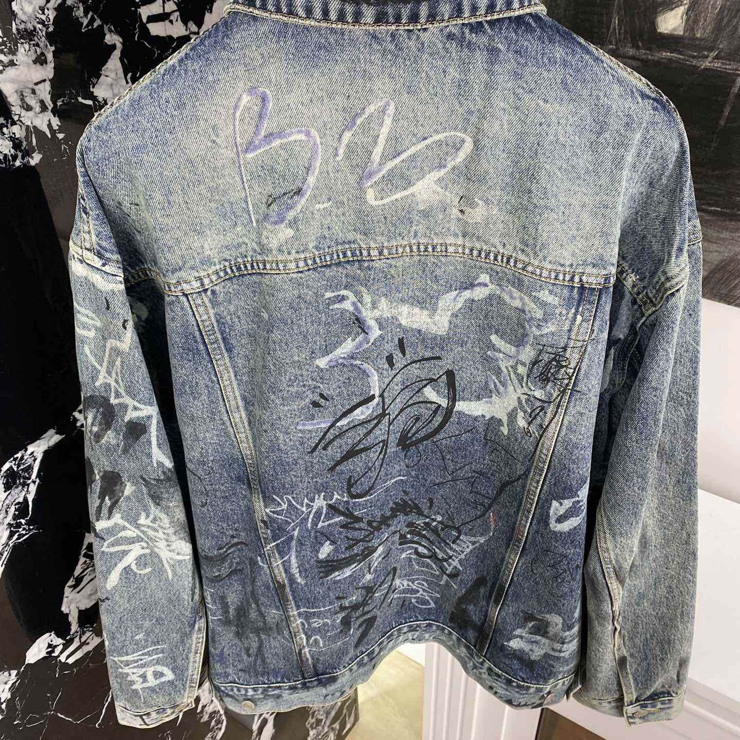 Balenciaga Blue Graffiti Denim Jacket Coat - EUR FASHION