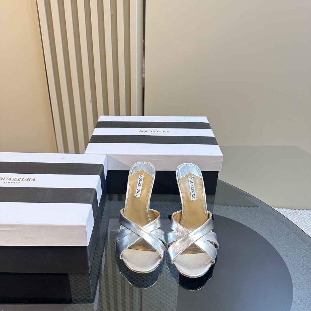 Aquazzura Silver 105mm Yes Baby Satin Mules - EUR FASHION