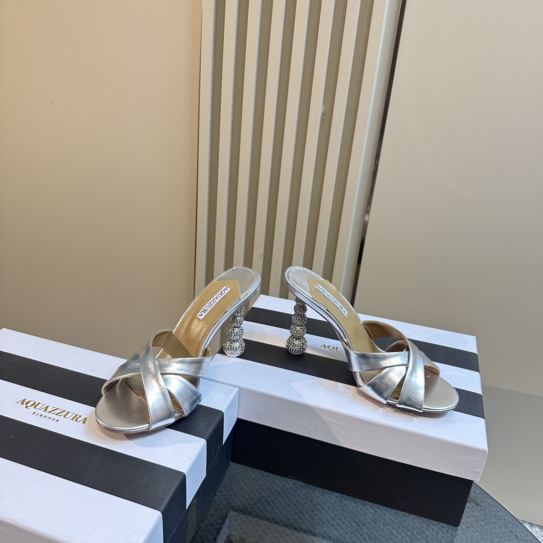 Aquazzura Silver 105mm Yes Baby Satin Mules - EUR FASHION