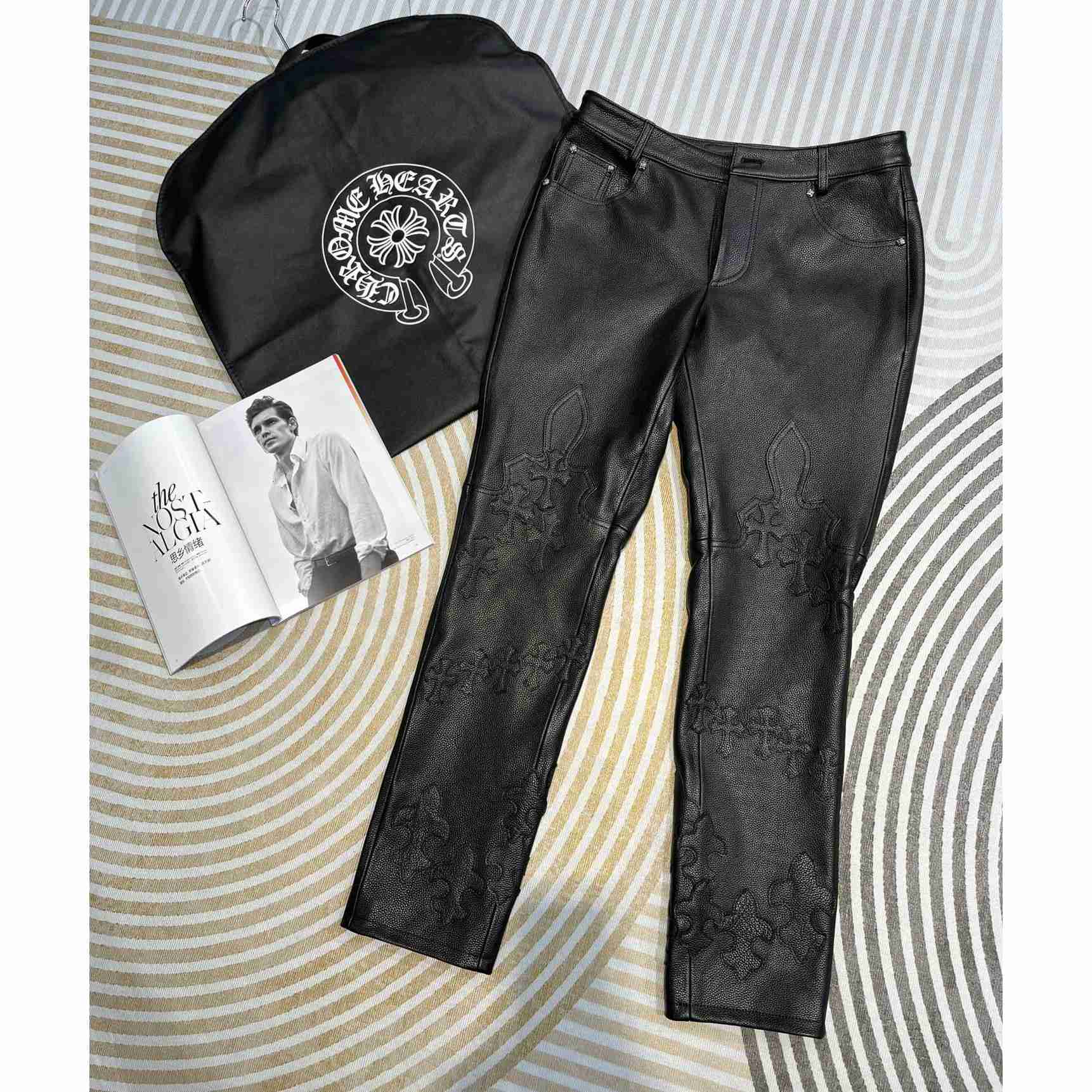 Chrome Heart Cross Patch Leather Pants - EUR FASHION