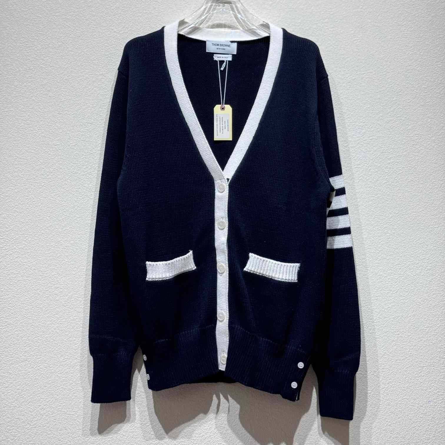 Thom Browne Cotton Hector Pointelle 4-bar V-neck Cardigan - EUR FASHION