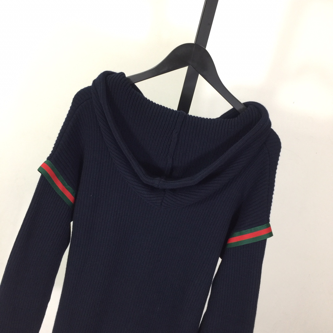 Gucci Web-stripe Ribbed Hoodie In Blue - EUR FASHION